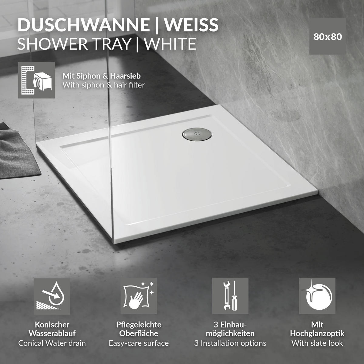 DUSCHWANNE 80x80 cm eckig Weiß Duschtasse mit Ablaufgarnitur - Weiß, Kunststoff (80/4/80cm) - LuxeBath