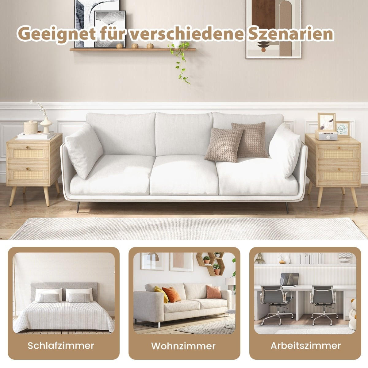 NACHTTISCHE im Boho-Stil, 2 Schubladen, Massivholzbeine - Goldfarben/Naturfarben, Holzwerkstoff/Metall (40/59/40cm) - DESIGN IN