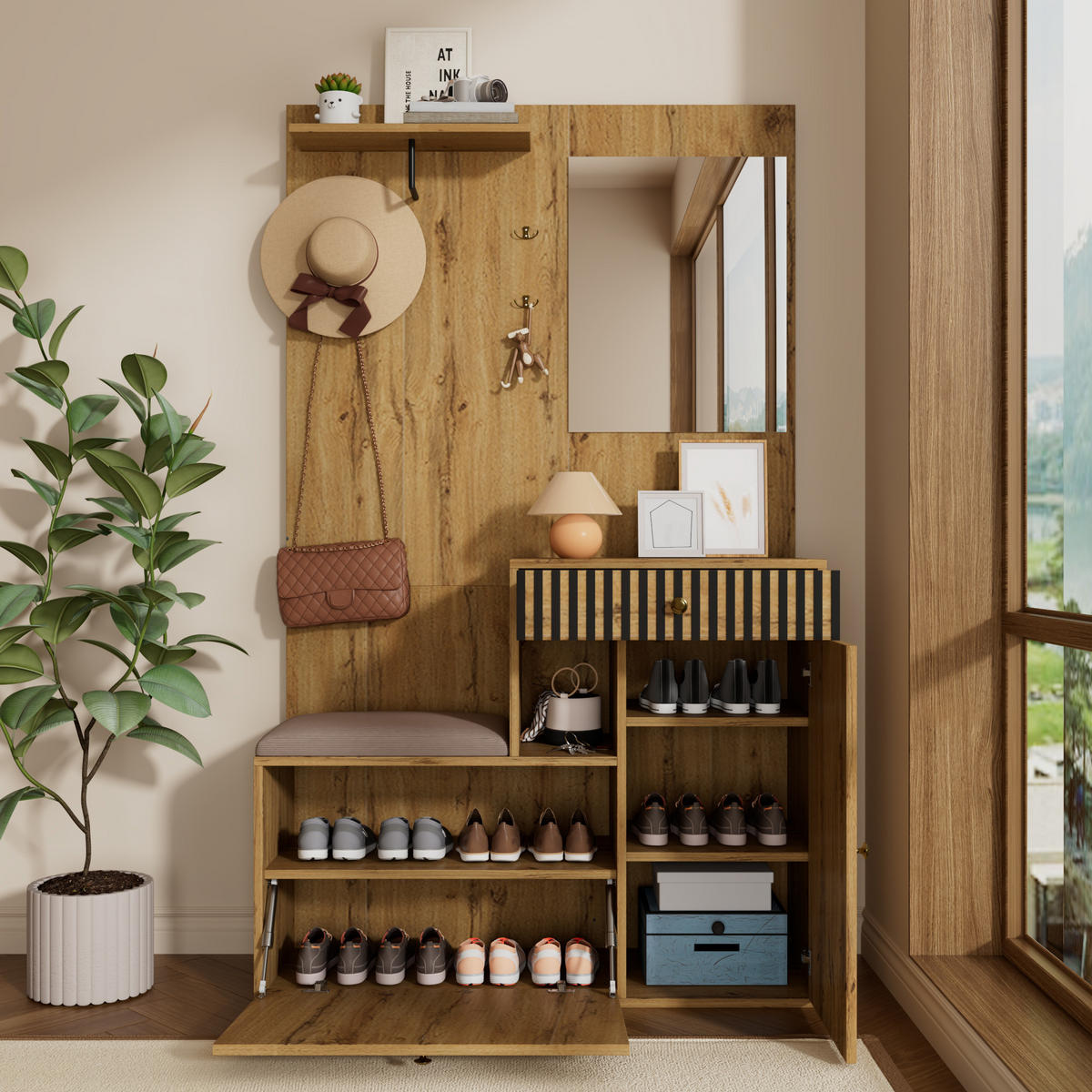 GARDEROBE mit Spiegel, Sitzbank und Stauraum - Sonoma Eiche, Glas/Holzwerkstoff (110/186/37cm) - Urban Meuble