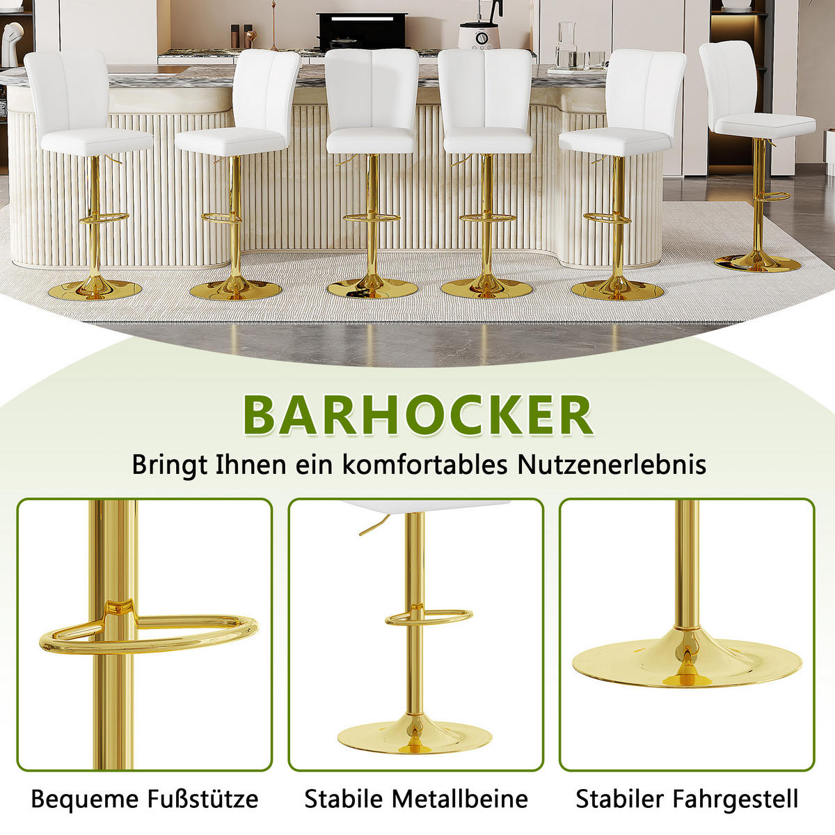 BARHOCKER 2er-Set Weiß-Gold Höhenverstellbar Drehbar 360° mit Rückenlehne und PU-Leder - Weiß, Metall (44.5/95.5/44cm) - PANGIVO
