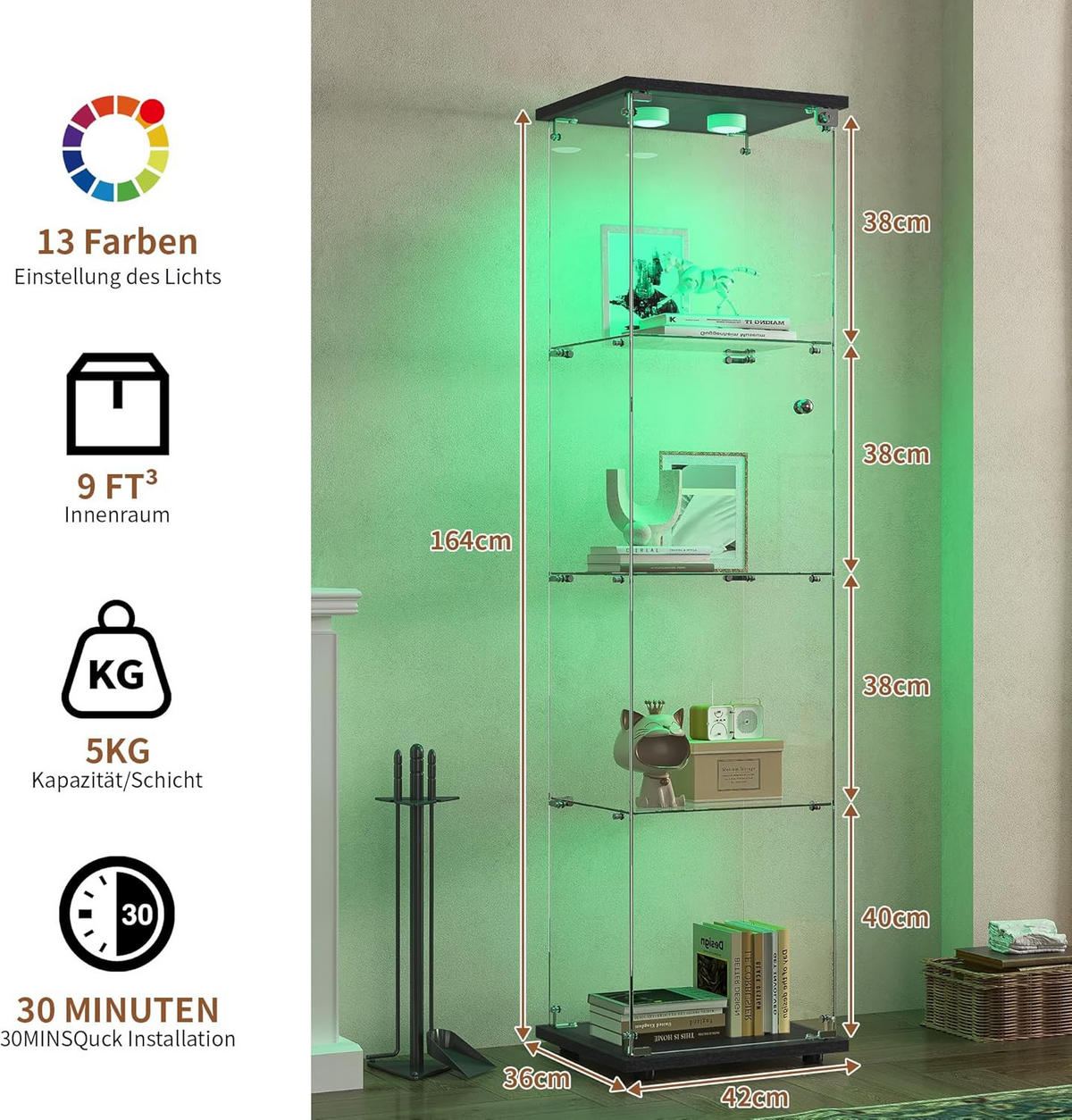 GLASVITRINE Stehend 4-Lagen Mit LED, Schloss & 1 Tür Schwarz - Schwarz, Holz (36.5/164/42.5cm)