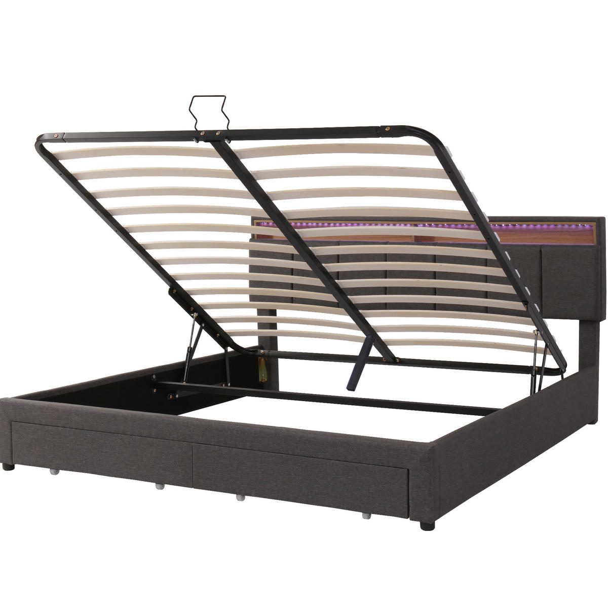 POLSTERBETT 160/200 cm mit LED-Kopfteil, Bettkasten-Stauraum, Hellgrau - Hellgrau, Metall (160/200cm) - Redom