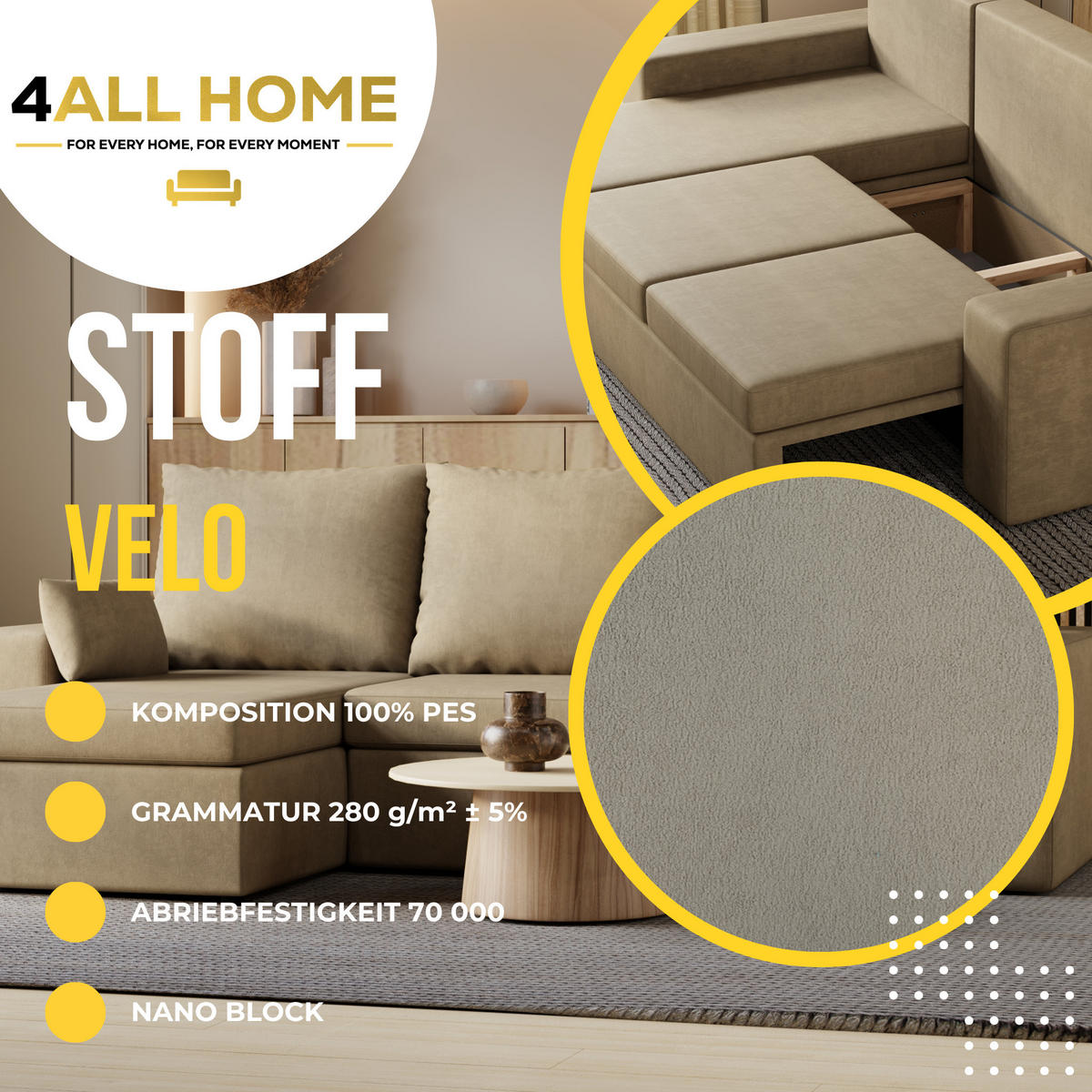 ECKSOFA Paco mit Bettkasten und Schlaffunktion, L-Form/XL-Form, Velourstoff, Universal - Cappuccino, Holzwerkstoff (246/145cm) - 4ALL HOME