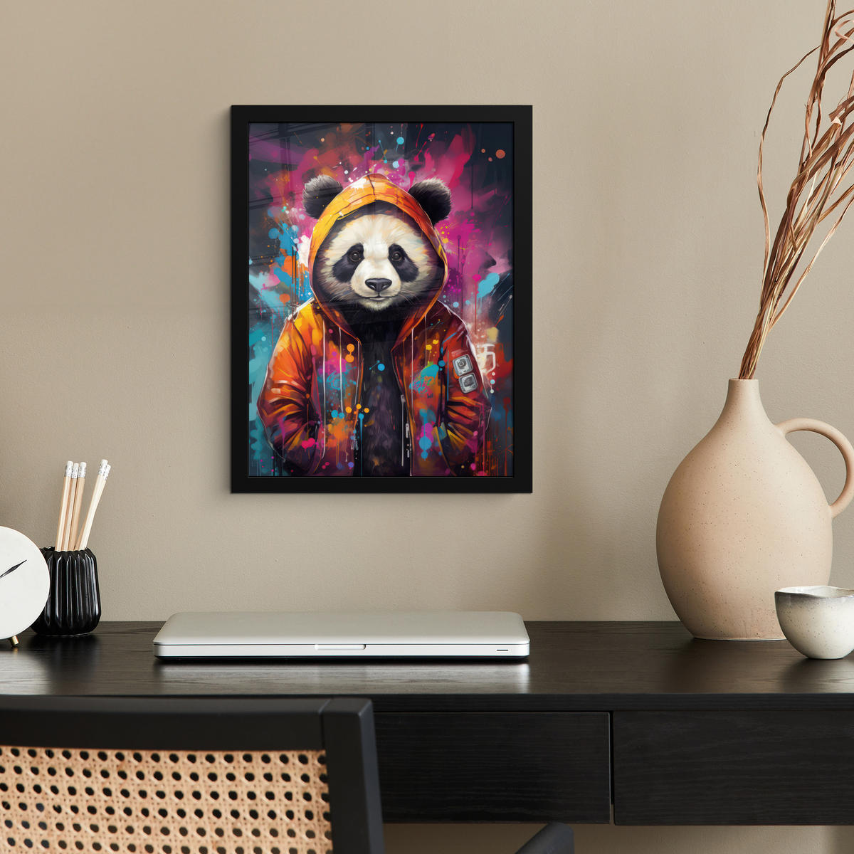 GERAHMTES BILD Panda - Jacke - Graffiti - Orange 30x40 cm - Orange, Papier (30/40cm) - MuchoWow