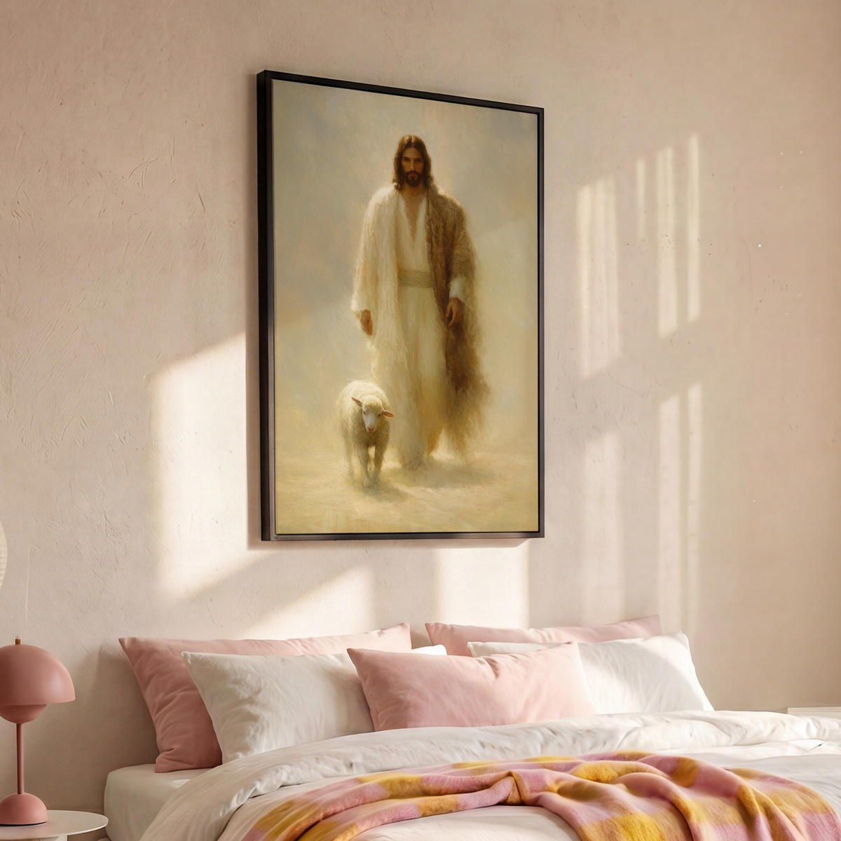 LEINWAND Bilder mit Rahmen - Schaf - Jesus - Pinselstriche - Abstrakt - 100x150 - Beige, Textil (100/150cm) - MuchoWow
