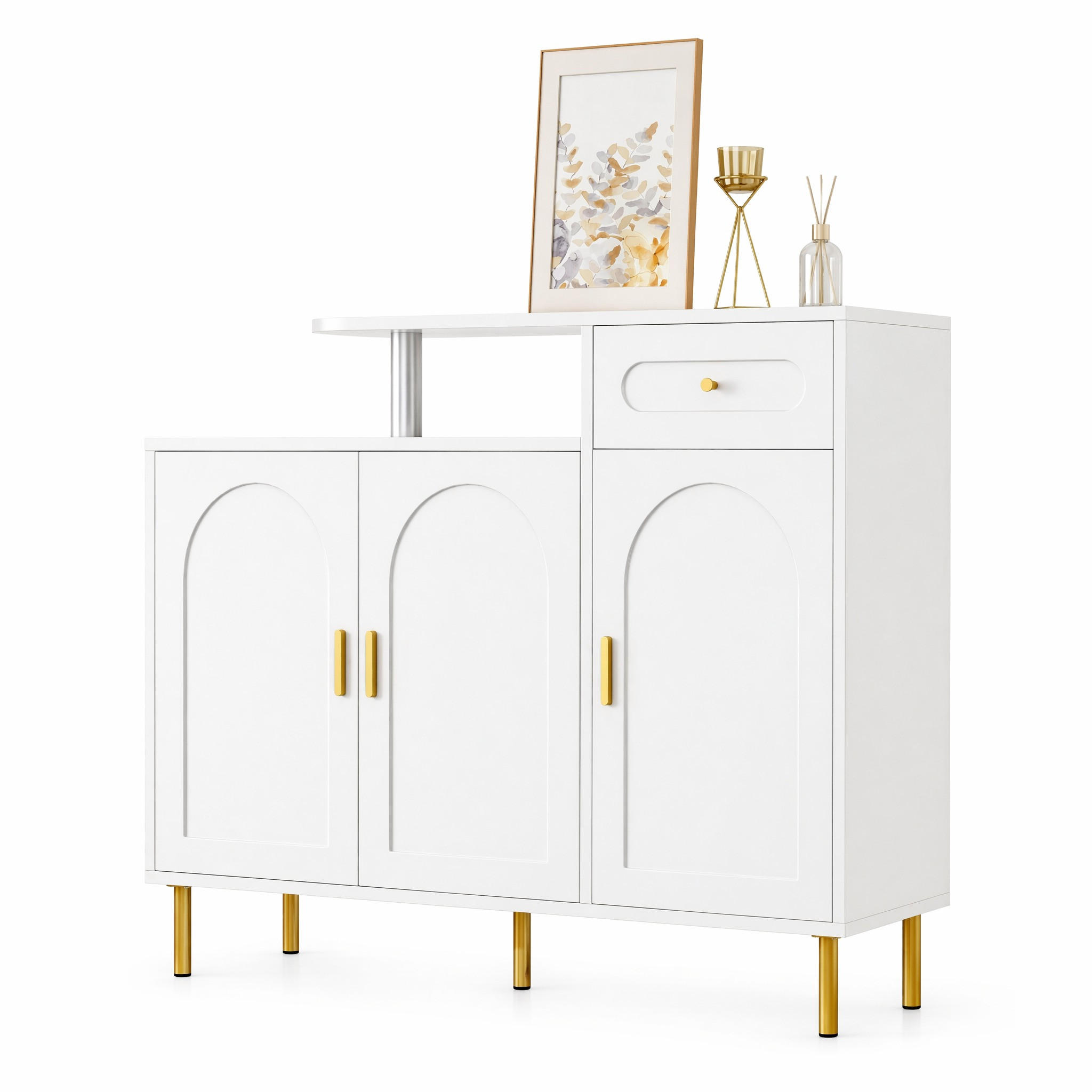 SIDEBOARD in Weiß Schuhschrank mit 3 Türen, 1 Schublade & Metallgriffen, auf Metallfüßen,B120/T35/H92cm - Goldfarben/Weiß, Holzwerkstoff/Metall (120/92/35cm) - STILVORA