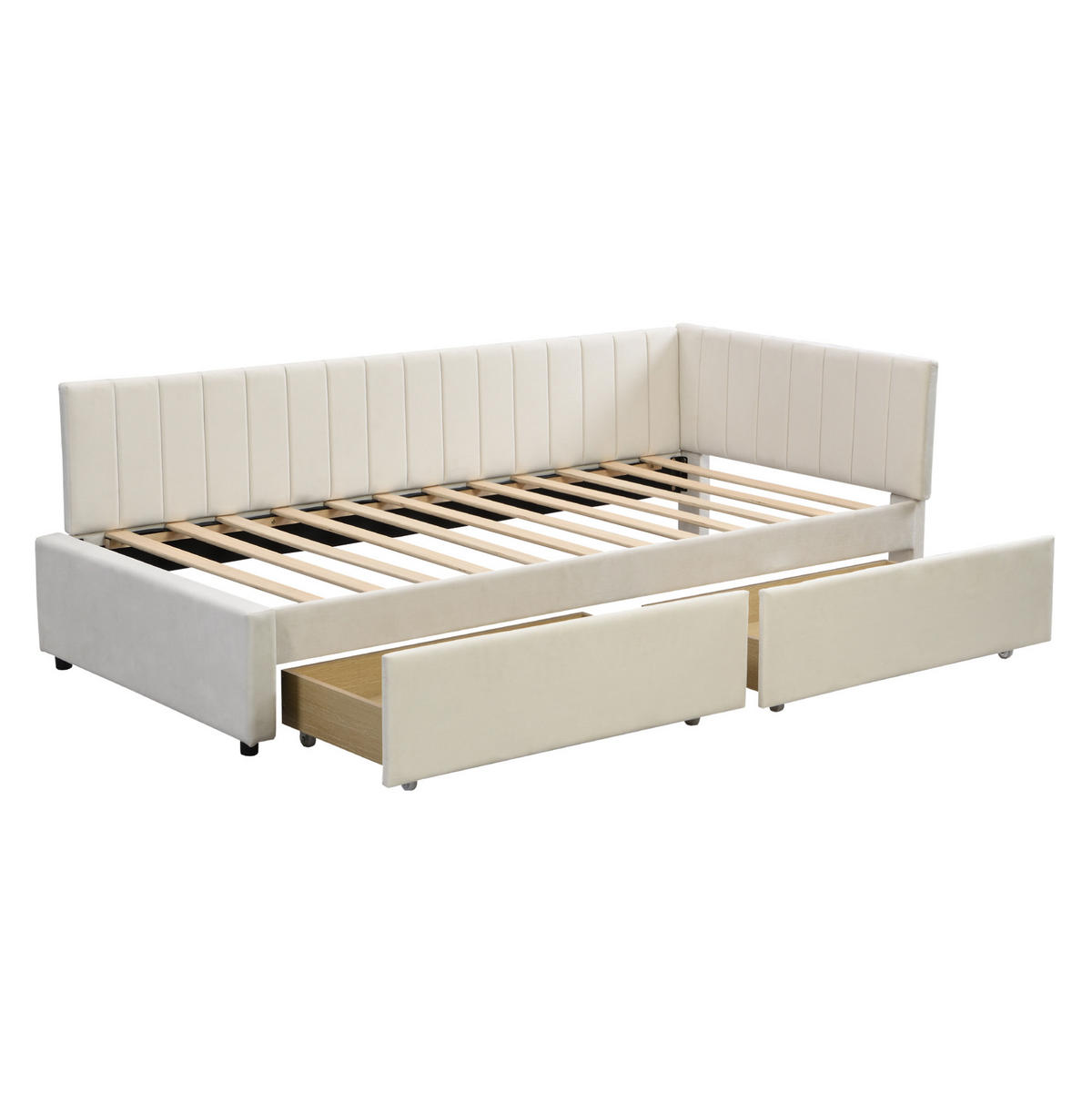 TAGESBETT aus Stoff 90x200 cm Beige mit 2 Schubladen, Lattenrost und variabler Rückenlehne - Beige, Leder (90/200cm) - Modfu