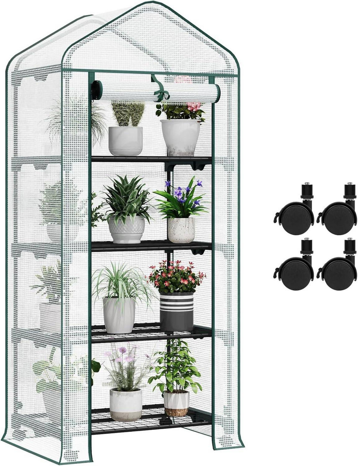 GEWÄCHSHAUS mit Rollen, Foliengewächshaus mit 4 Regalen - Weiß, Textil/Metall (70/162/50cm) - Woltu