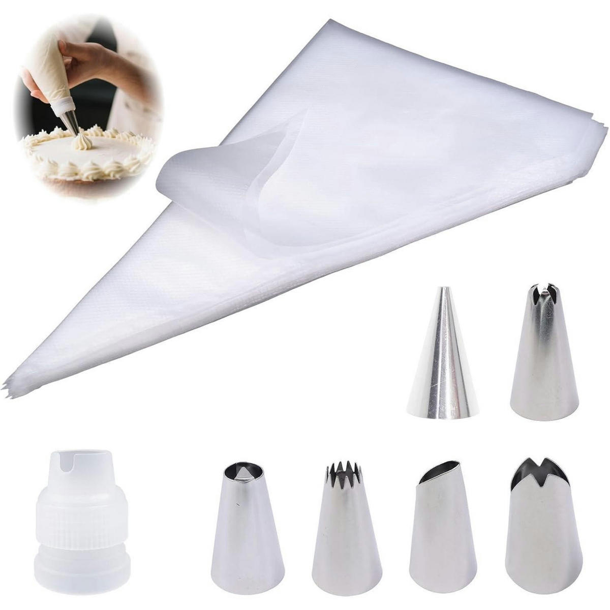 SPRITZBEUTEL Set 100 Stück Einweg mit 6 Edelstahl Tüllen - Weiß, Kunststoff (21/1/31cm)