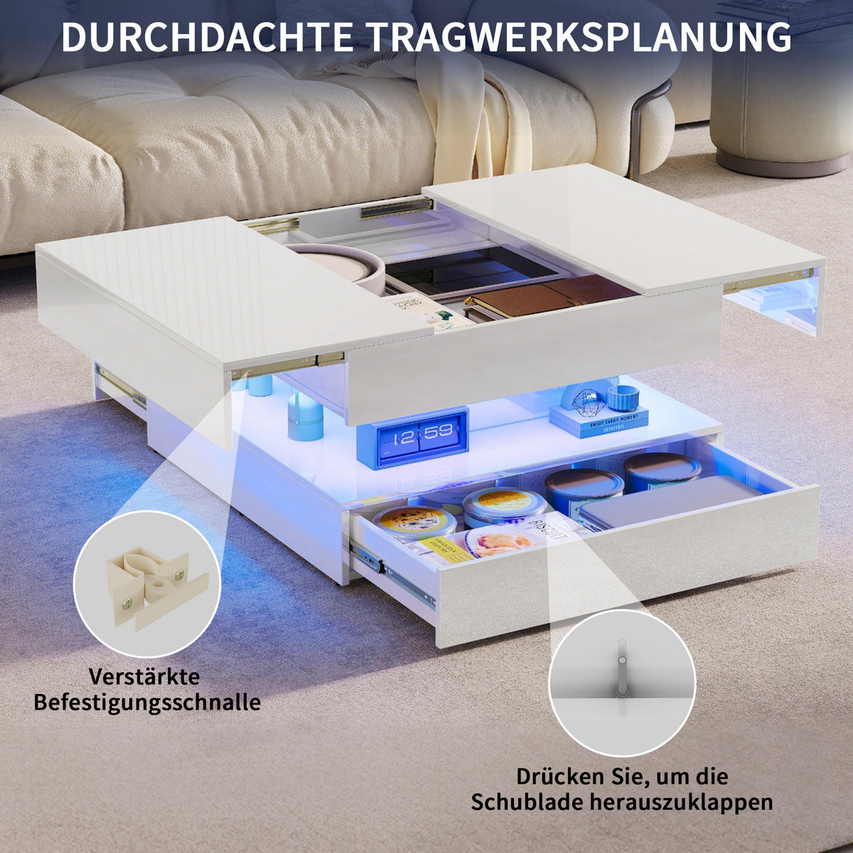 COUCHTISCH 78x78 cm mit RGB-LED & 2 Schubladen, Weiß Hochglanz - Weiß, Metall (78/78/43cm) - EuroLiving