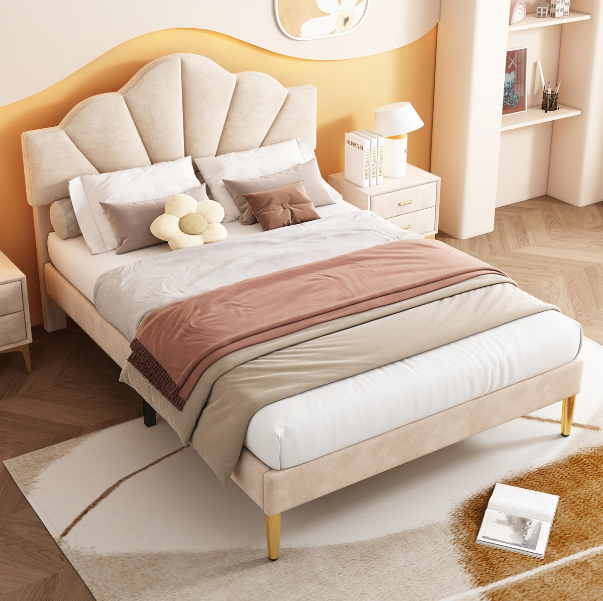 POLSTERBETT 140/190 cm beige aus Velours mit höhenverstellbarem Kopfteil - Beige, Textil (140/190cm) - OKWISH