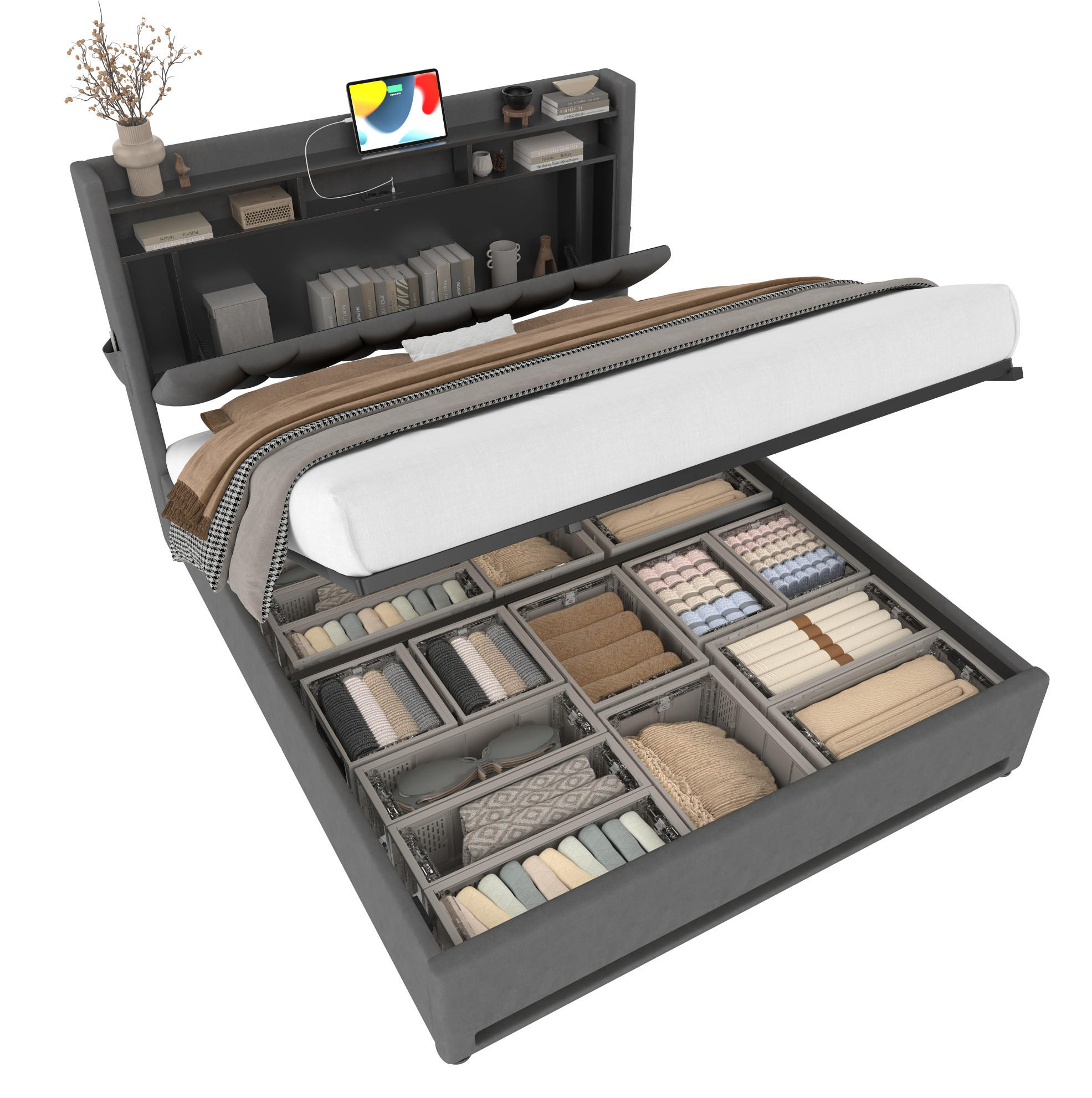 POLSTERBETT 160/200 cm mit LED-Beleuchtung, USB- und Type-C-Anschluss, Stauraum-Kopfteil und Bettkasten, Dunkelgrau - Dunkelgrau, Textil (160/200cm) - Redom