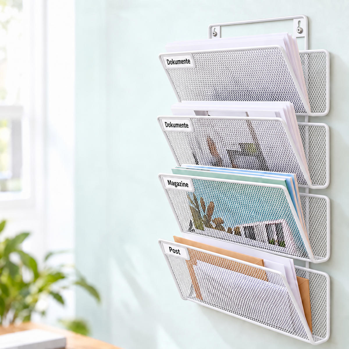 ZEITSCHRIFTENHALTER Weiß Metall Wandmontage 4 Ablagen A4 - Weiß, Metall (32.5/43/12cm) - Relaxdays