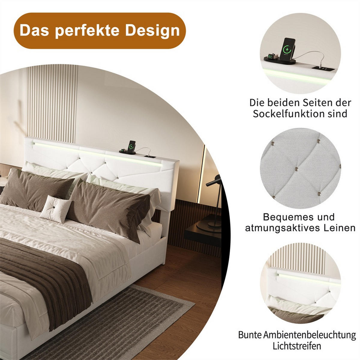 POLSTERBETT 140x200 cm mit LED-Beleuchtung&USB-Ladefunktion -höhenverstellbarem Kopfteil und hydraulischem Stauraum - Beige, Textil (140/200cm) - DELFA