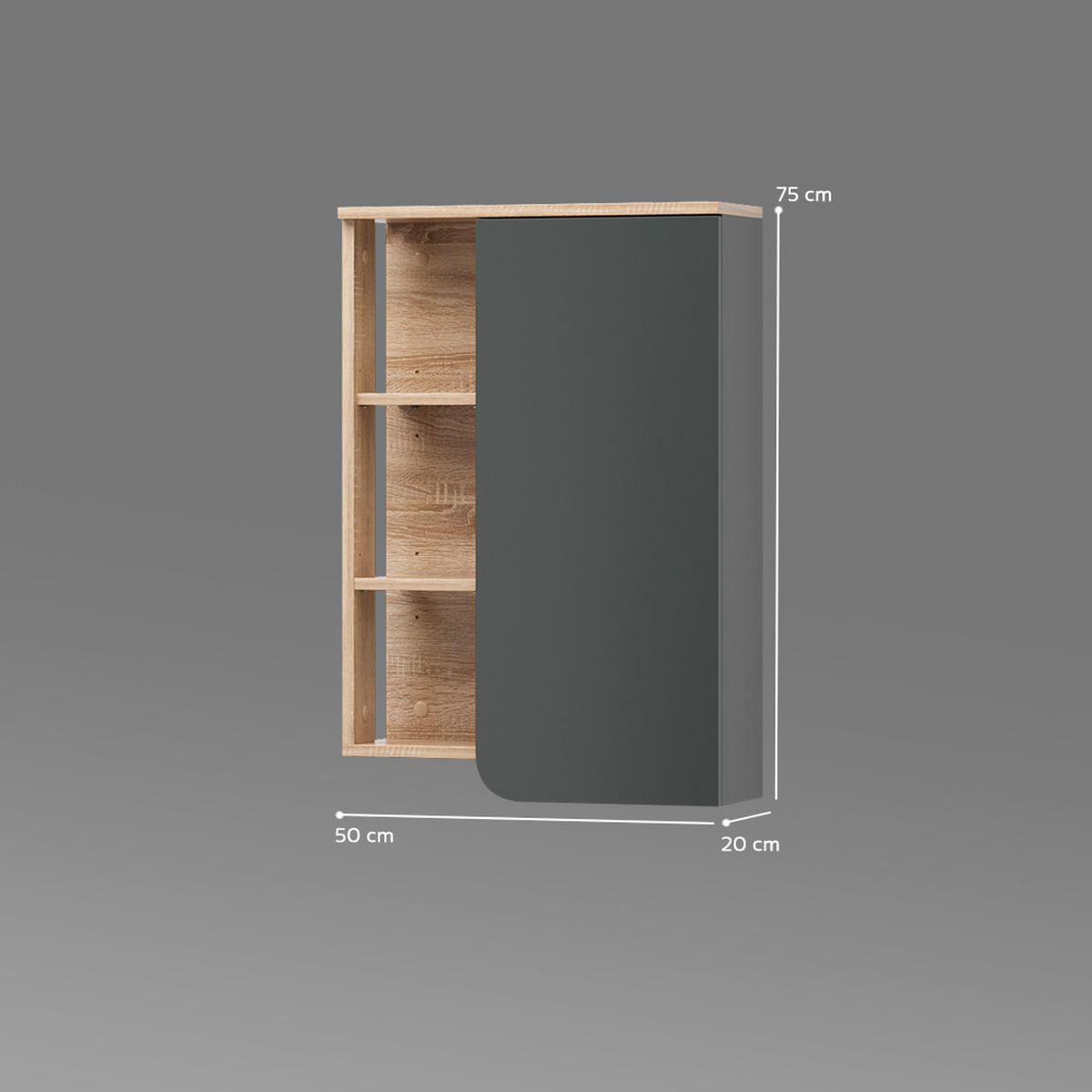 BADSCHRANK Marano Anthrazit 50 x 75 cm mit Tür und offenen Fächern - Anthrazit/Sonoma Eiche, Holzwerkstoff (50/75/20cm) - Livinity®