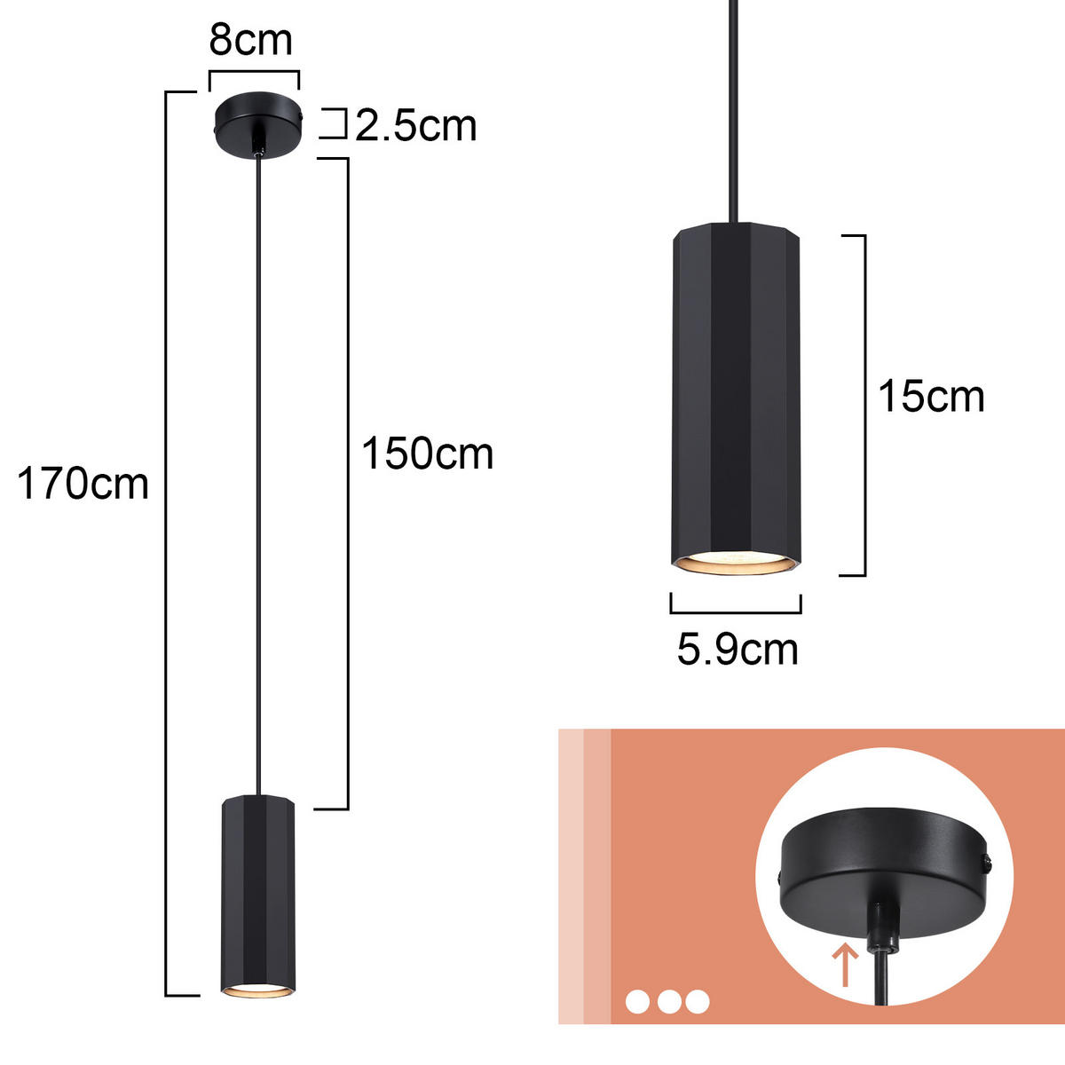 PENDELLEUCHTE Mila 8/2.5/170 cm - Schwarz, Metall (8/2.5/170cm) - ZMH