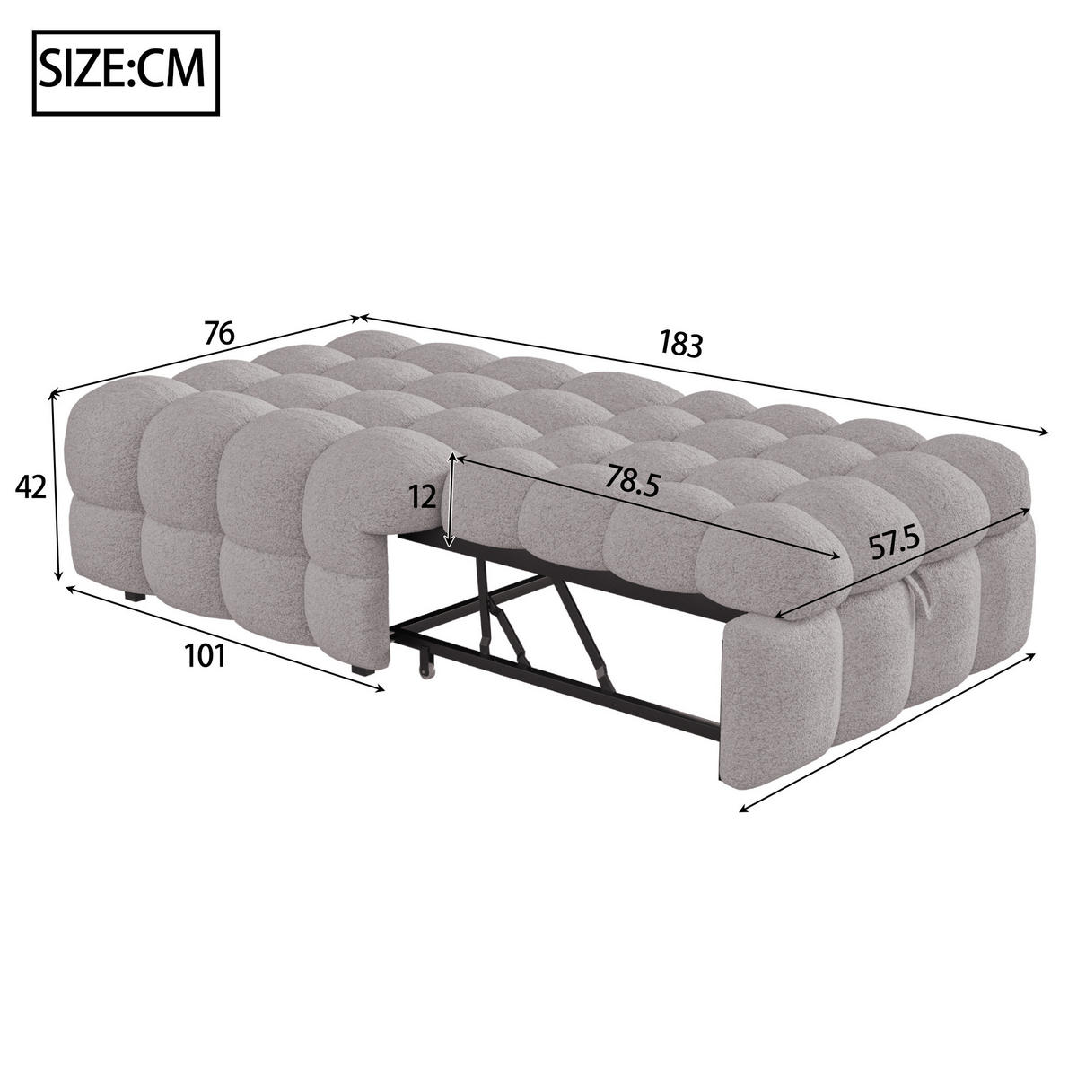 SCHLAFSOFA 2-in-1 aus Teddy-Stoff, ausziehbar, 183/76/42 cm, Grau - Grau, Textil (76/42/183cm) - Redom