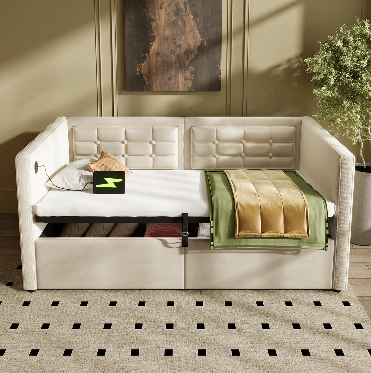 BETT 90/200 cm Beige mit hydraulischem Stauraum und USB- und Type-C-Anschlüssen - Beige, Textil (90/200cm) - OKWISH