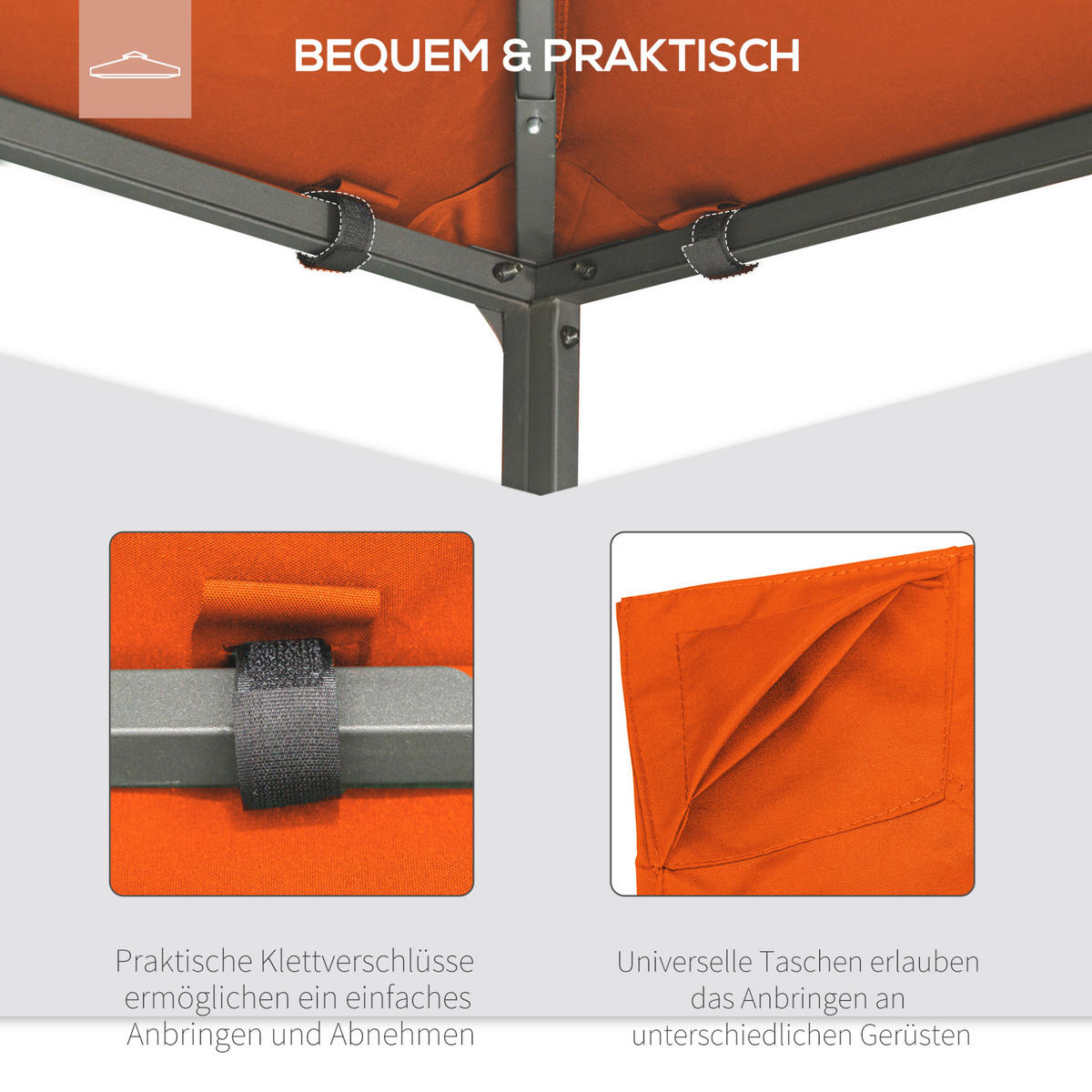 PAVILLON-ERSATZDACH 298/295 cm mit PA-Beschichtung, 8 Entwässerungslöchern und 4 Abspannseilen, Orange - Orange, Textil (295/1/298cm) - Redom