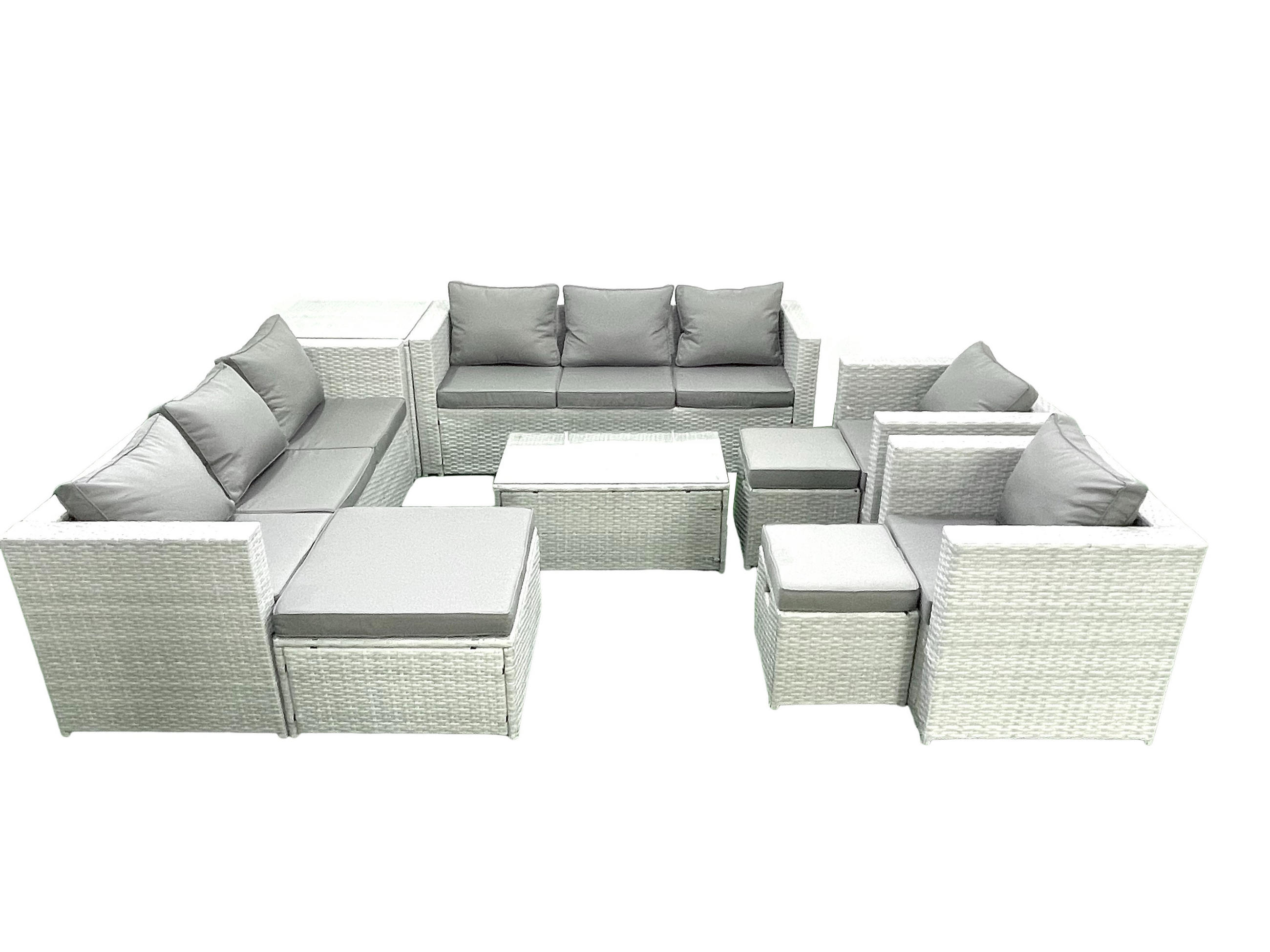 GARTENGARNITUR mit 3-SITZER SOFA,COUCHTISCH Polyrattan Hellgrau-Mix 11-Sitzer - Hellgrau/Grau, Glas/Kunststoff - Fimous