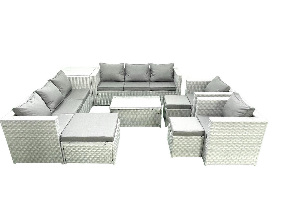 GARTENGARNITUR mit 3-SITZER SOFA,COUCHTISCH Polyrattan Hellgrau-Mix 11-Sitzer - Hellgrau/Grau, Glas/Kunststoff - Fimous