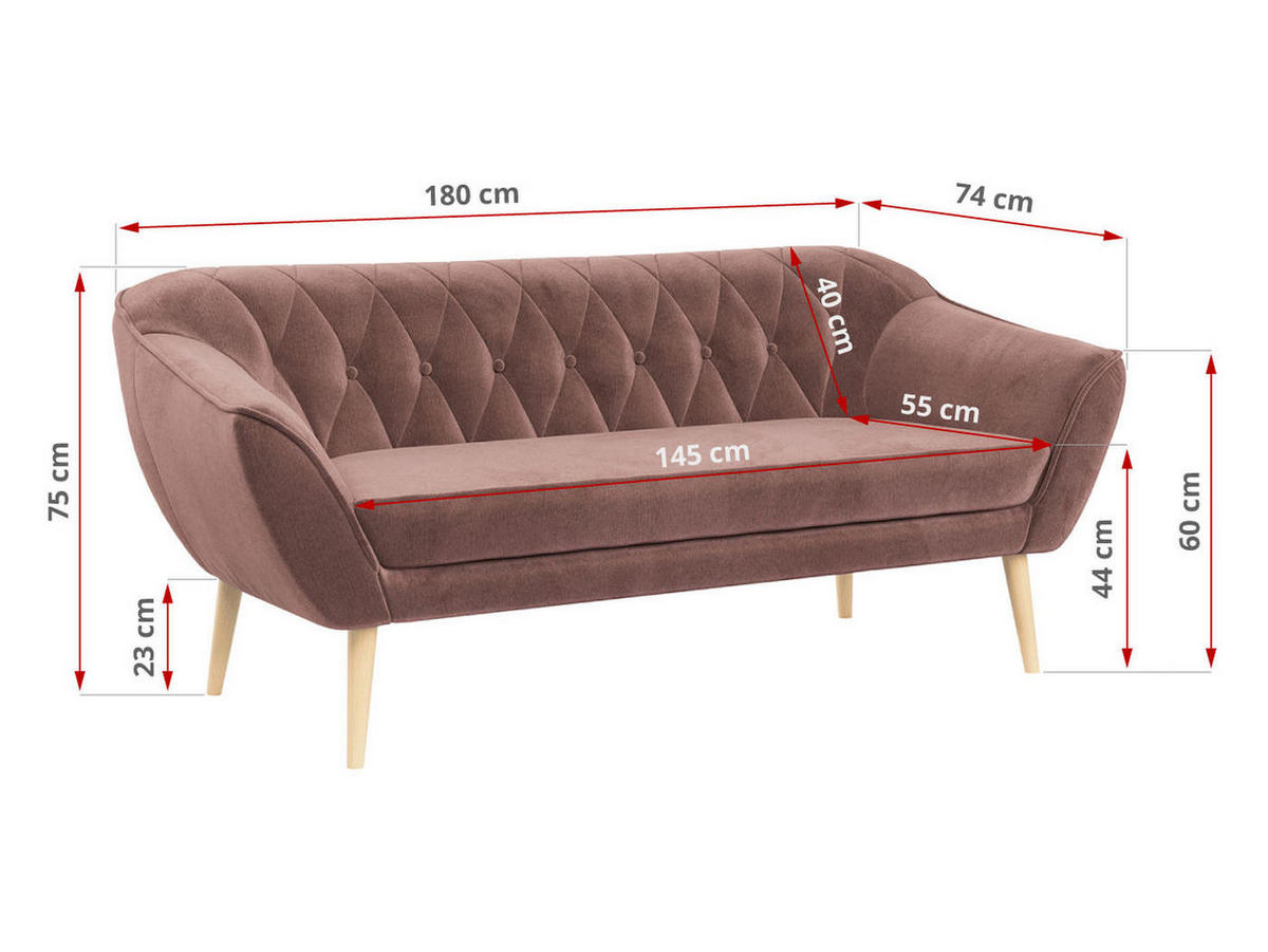 SOFA Pirs 3 Sitzer Velvet Rosa - Rosa/Braun, Holz/Textil (180/75/74cm) - MKS