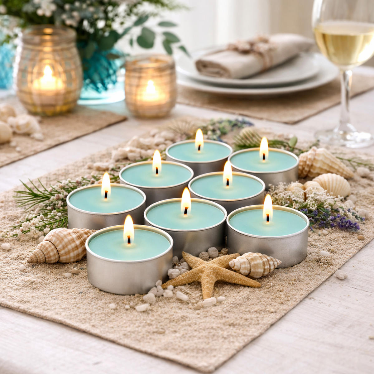 TEELICHT mit Duft - Ozean - 54er Pack - Türkis, Naturmaterialien (4/1.5/4cm) - HS Candle