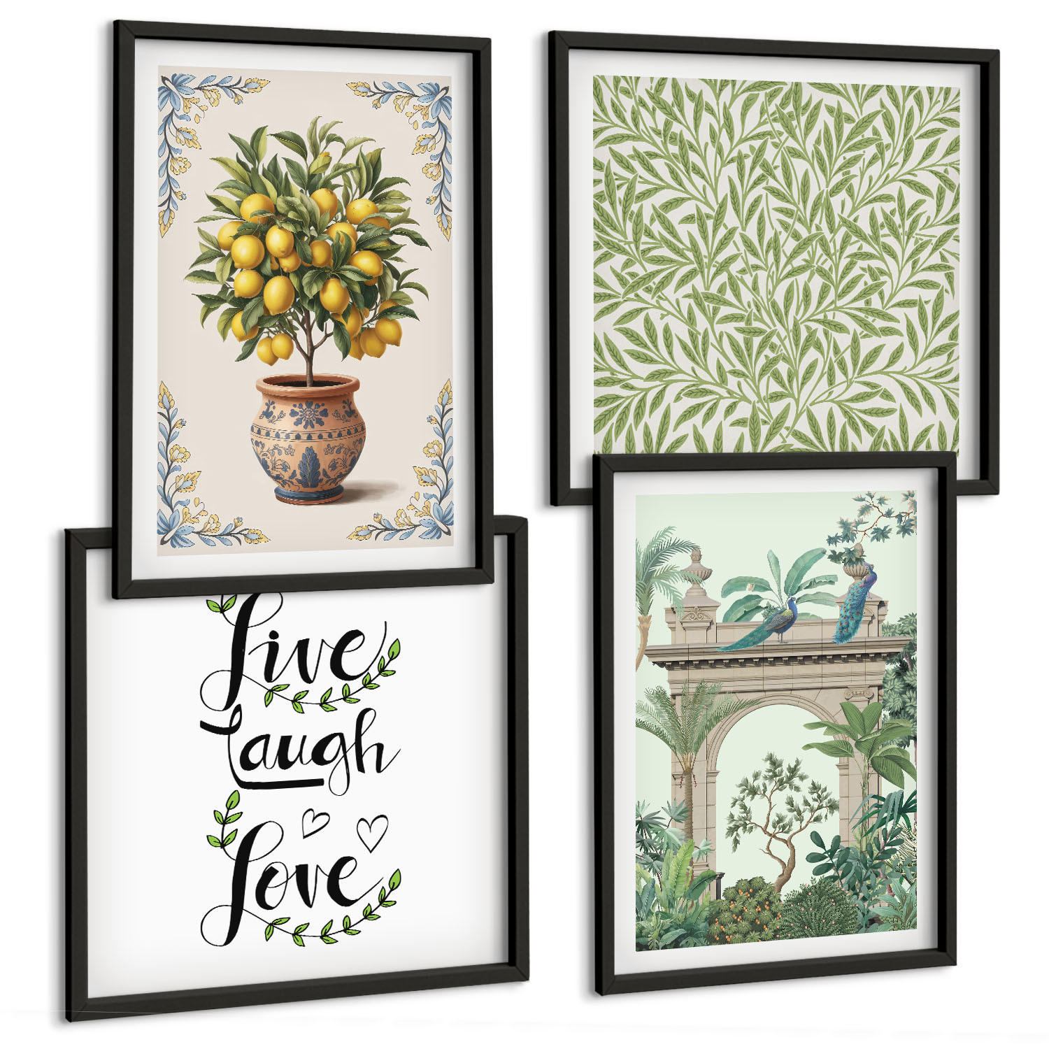 BILDER SET 4er Set - 50x50 cm & 40x60 cm Schwarzer Rahmen - Grüne Blätter exotischer Pflanzen - Schwarz, Kunststoff (50/50cm) - TULUP