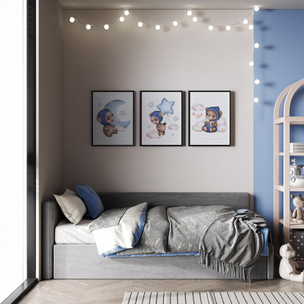 SADA PLAGÁTOV Do Detskej Izby Mackovia Balóny Hviezdy Oblaky 3x Plagát A3 30 x 42 cm - hnedá/biela, papier (30/42/1cm) - Muralo