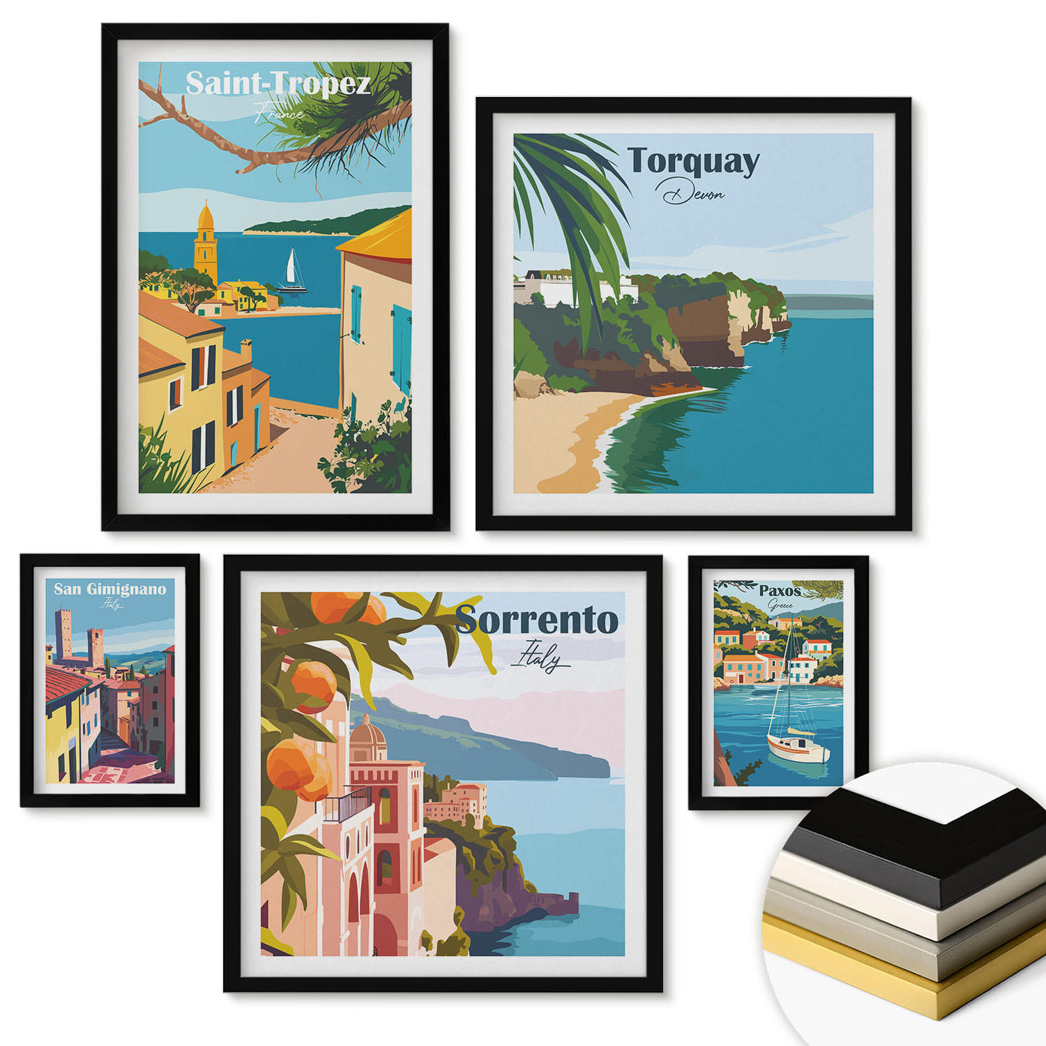 WANDBILDER 5er-Set - 50x50 cm & 20x30 cm & 40x60 cm Schwarzer Rahmen - Retro-Illustrationen von Weltstädten - Schwarz, Kunststoff (40/60cm) - ArtPrintCave