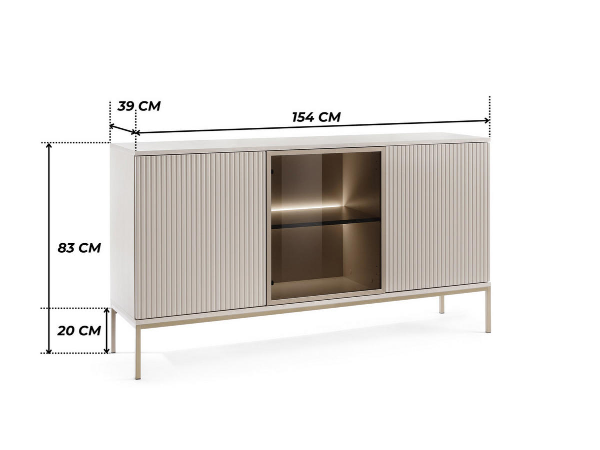 MODERNE Geriffelte Kommode LAGOS K3D (Kaschmir Matt, LED, Champagner Gestell, Push to Open) - Kaschmir/Champagner, Glas/Holz (154/83/39cm) - Ravio
