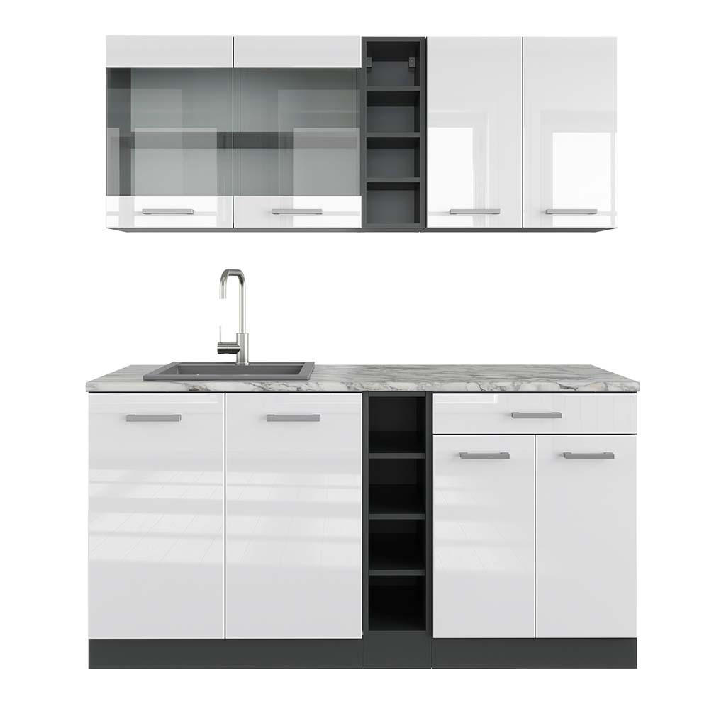 SINGLEKÜCHE R-Line Weiß Hochglanz/Anthrazit 160 cm, AP Marmor - Weiß Hochglanz/Anthrazit, Holzwerkstoff (160/81.6/60cm) - Vicco