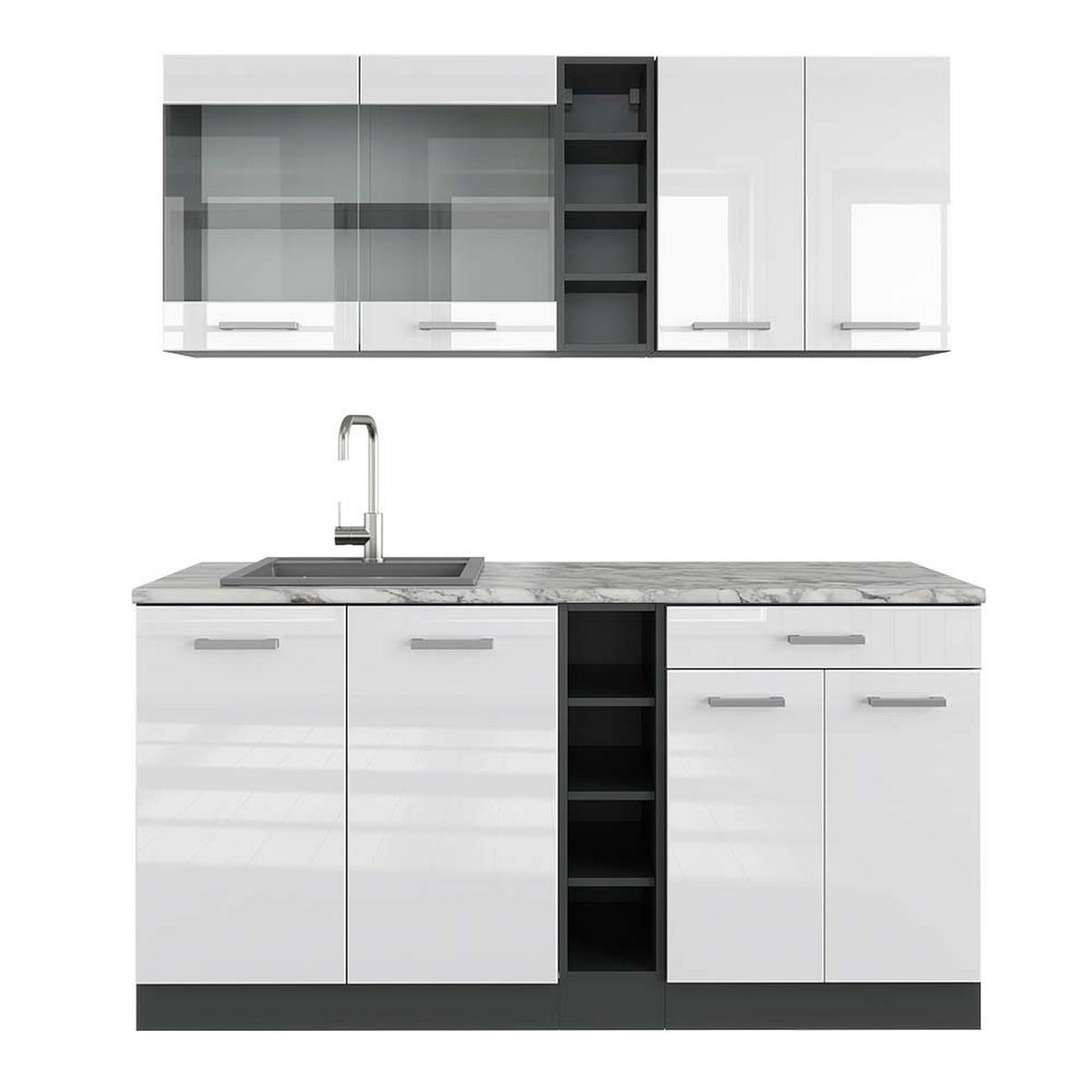 SINGLEKÜCHE R-Line Weiß Hochglanz/Anthrazit 160 cm, AP Marmor - Weiß Hochglanz/Anthrazit, Holzwerkstoff (160/81.6/60cm) - Vicco