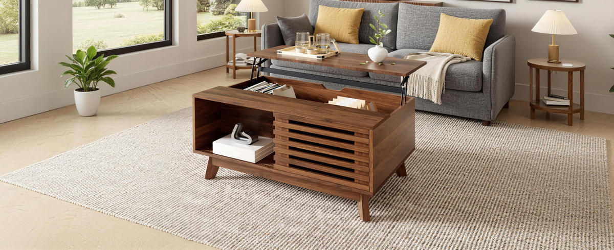 COUCHTISCH 90/55/57,5 cm aus MDF mit höhenverstellbarer Tischplatte und verschiebbarer Jalousietür, Nussbaum - Nussbaumfarben, Holzwerkstoff (90/55/57.5cm) - Redom