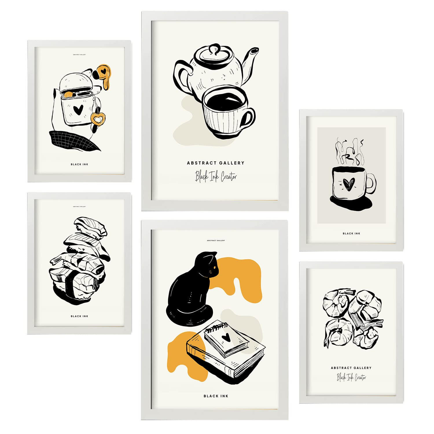 POSTER Set Mit 6 In Schwarzer Tinte Ruhetag Künstlerische Und Abstrakte Drucke Für Innenarchitektur A3 & A4 Weißer Rahmen - Weiß, Papier (29/3cm) - Nacnic