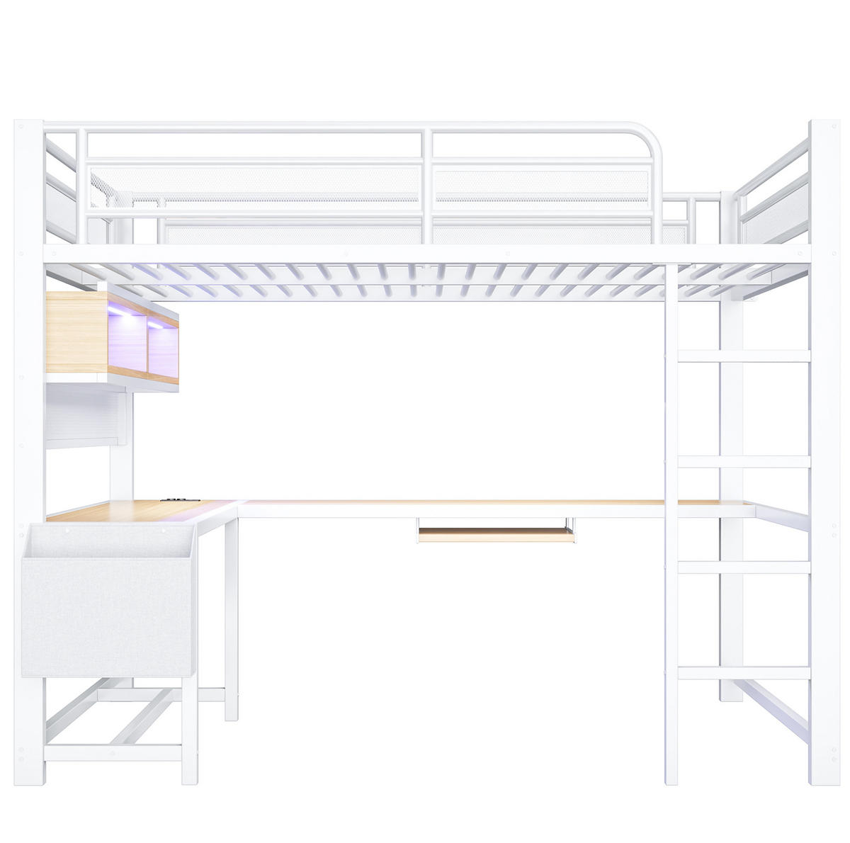 HOCHBETT 140x200 cm in Weiß mit Schreibtisch, LED-Beleuchtung und Ladestation - Weiß, Holzwerkstoff (140/200cm) - IVMEU