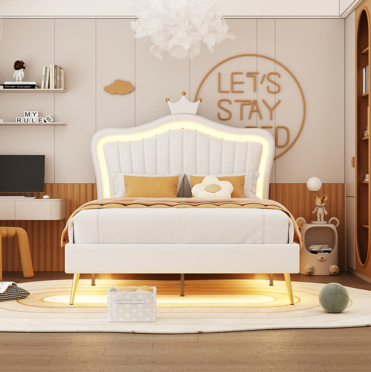 KINDERBETT 90/200 cm mit LED-Beleuchtung, verstellbarem Kopfteil und Muschel-Kronen-Design, Weiß - Weiß, Textil (90/200cm) - Redom