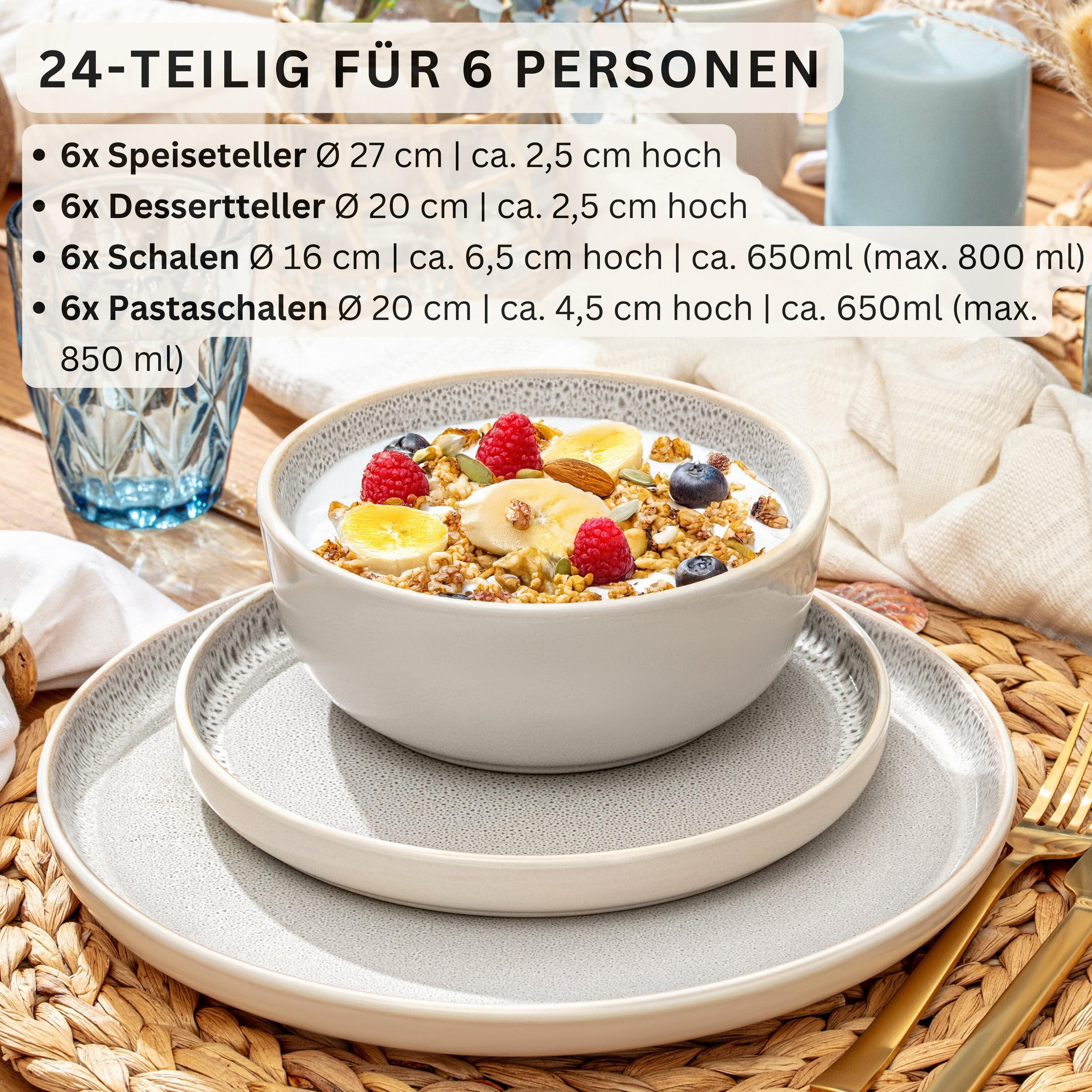 TAFELSERVICE KRETA - 24 teilig aus Steingut - Creme, Stein (27/6.5/27cm) - Sänger