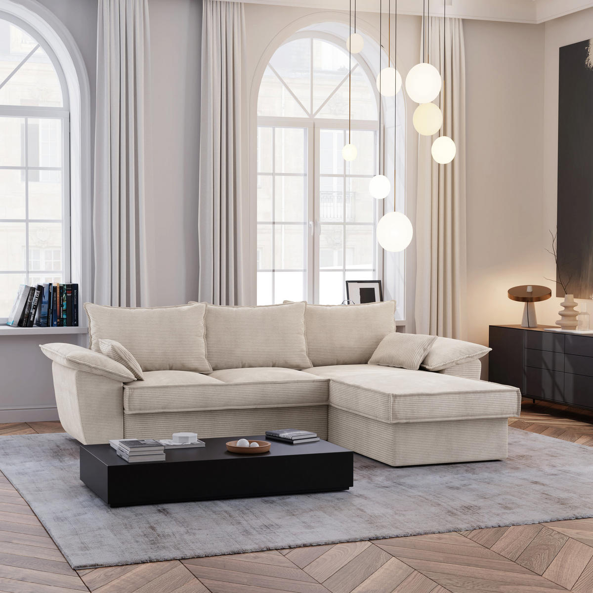 ECKSOFA RECHTS Gerippter Samt Creme 257cm - Creme, Textil (257/168cm) - Sia Home