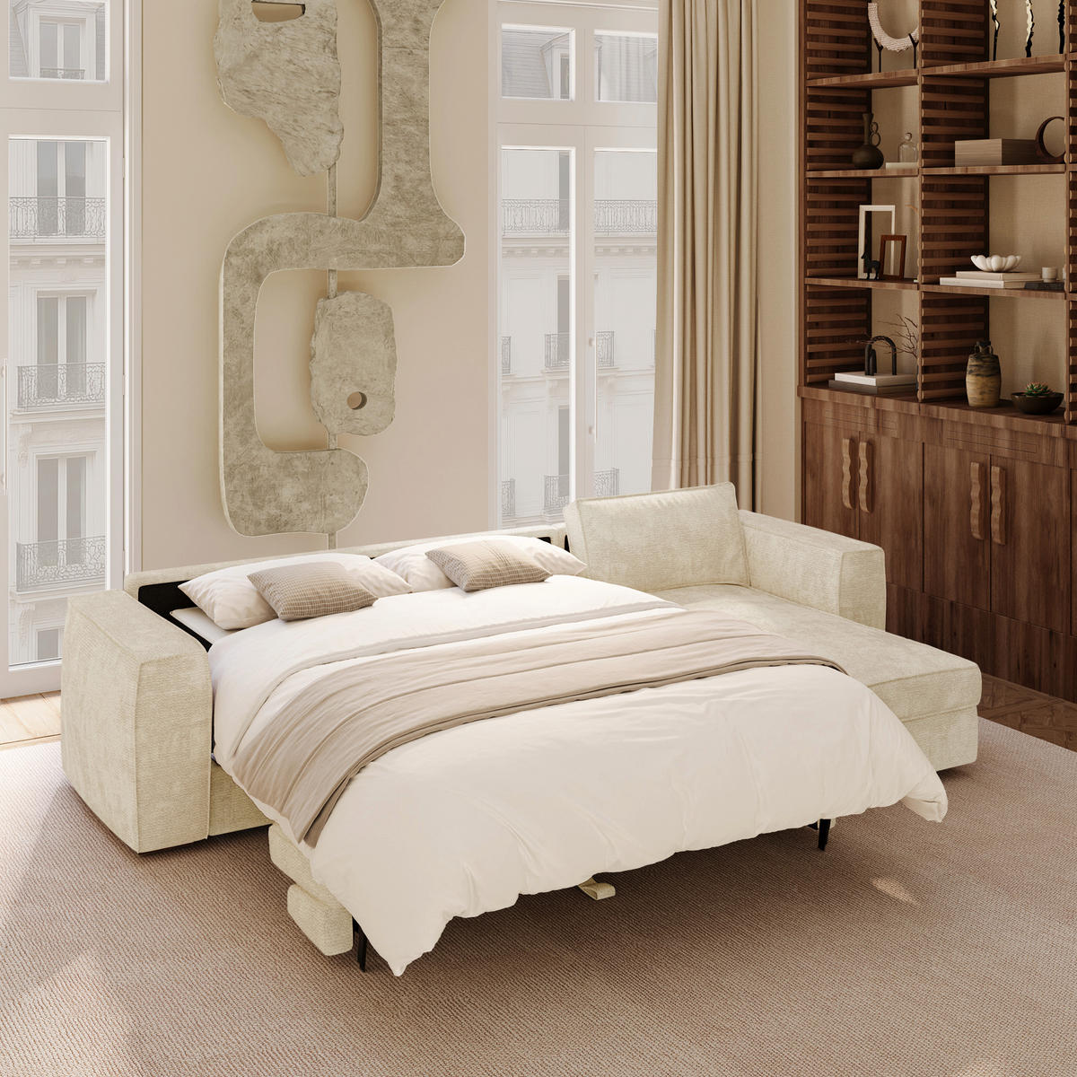 ECKSOFA rechtwinklig MIKA Köpergewebe mit weichem Griff Creme 292cm - Creme, Textil (292/100cm) - Premium Interiors