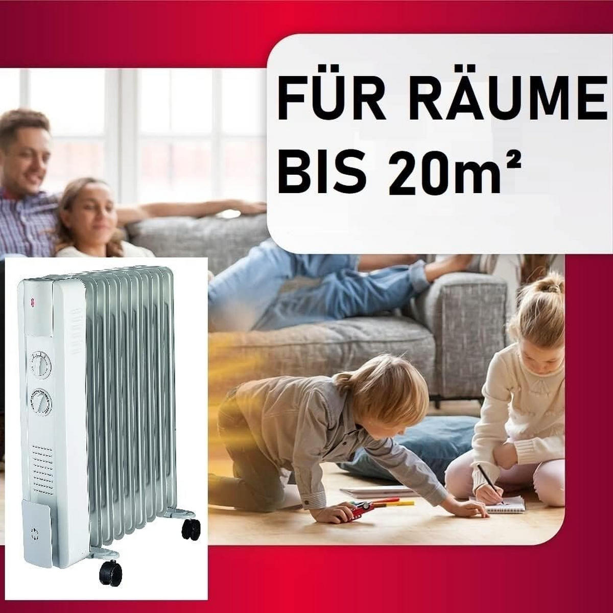 ÖLRADIATOR 2000W, Elektroheizung, Heizgerät, mobiler Heizkörper, Radiator Heizung, mit Rollen, Thermostat, energiesparend, leise, gleichmäßige Wärme - Weiß, Metall (24/65/35cm) - JUNG