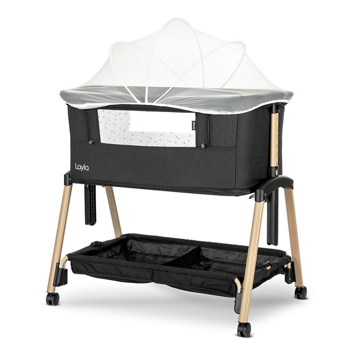 BEISTELLBETT Layla 2 in 1 schwarz 81 x 48 cm, Laufstall, Anti-Reflux, Moskitonetz, Matratze, Räder, Korb - Schwarz, Metall (48/81cm) - Lorelli