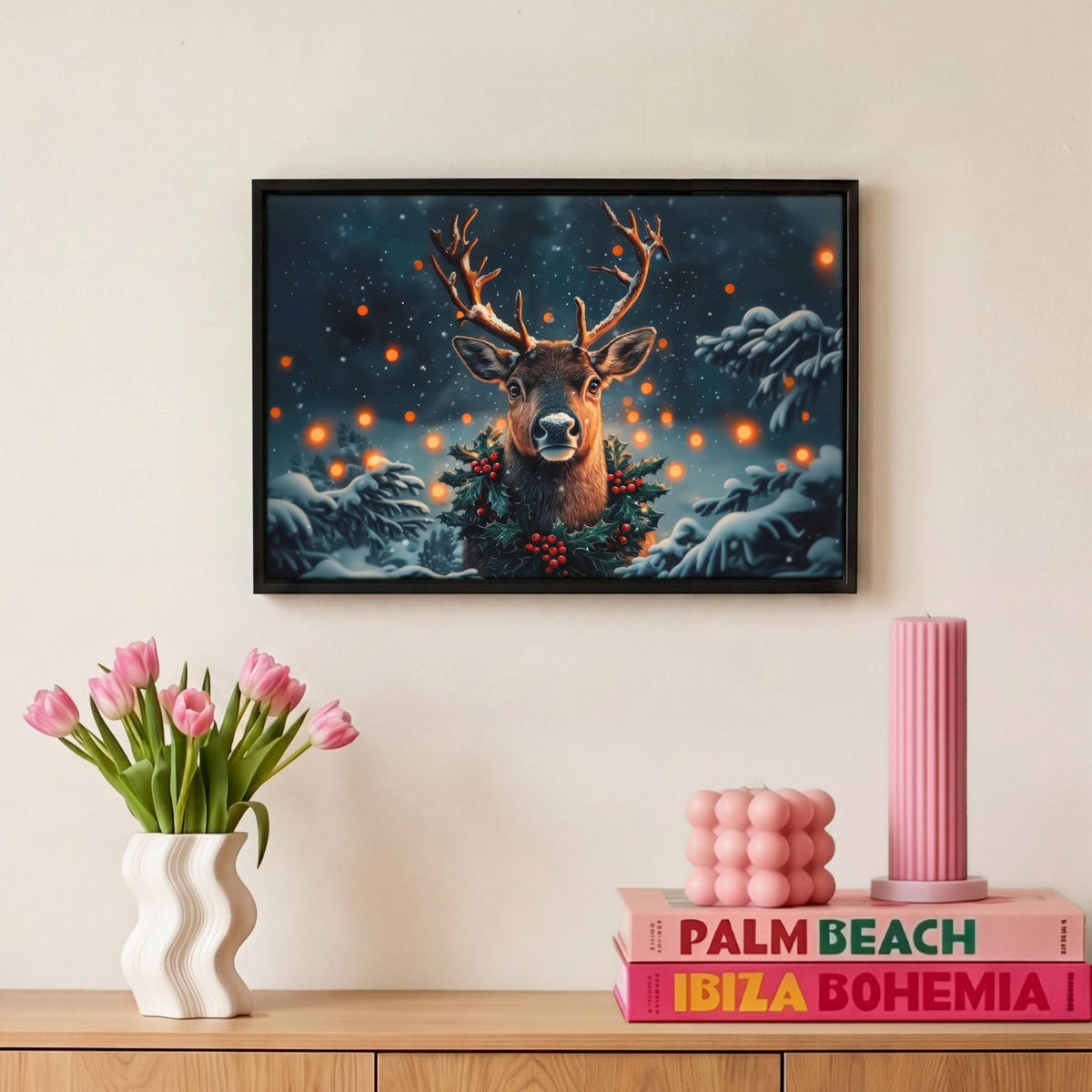LEINWAND Bilder mit Rahmen - Hirsch - Weihnachten - Winter - Schnee - Weihnachtskranz - 30x20 - Dunkelbraun, Textil (30/20cm) - MuchoWow