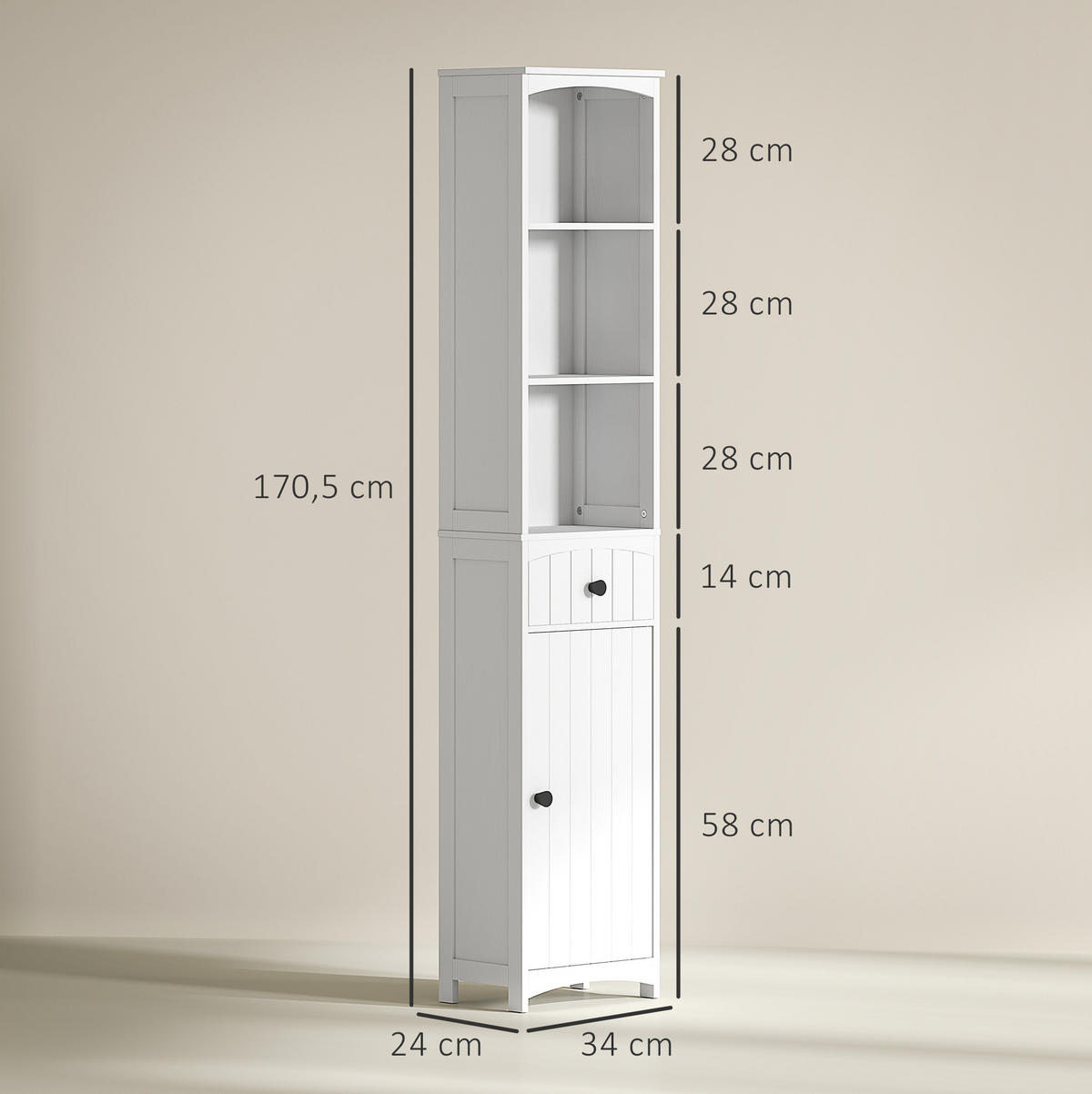 HOCHSCHRANK 34/24/170,5 cm aus MDF-Holz mit Schublade und 3 Regalfächern Weiß - Weiß, Holzwerkstoff (34/170.5/24cm) - Modenvie