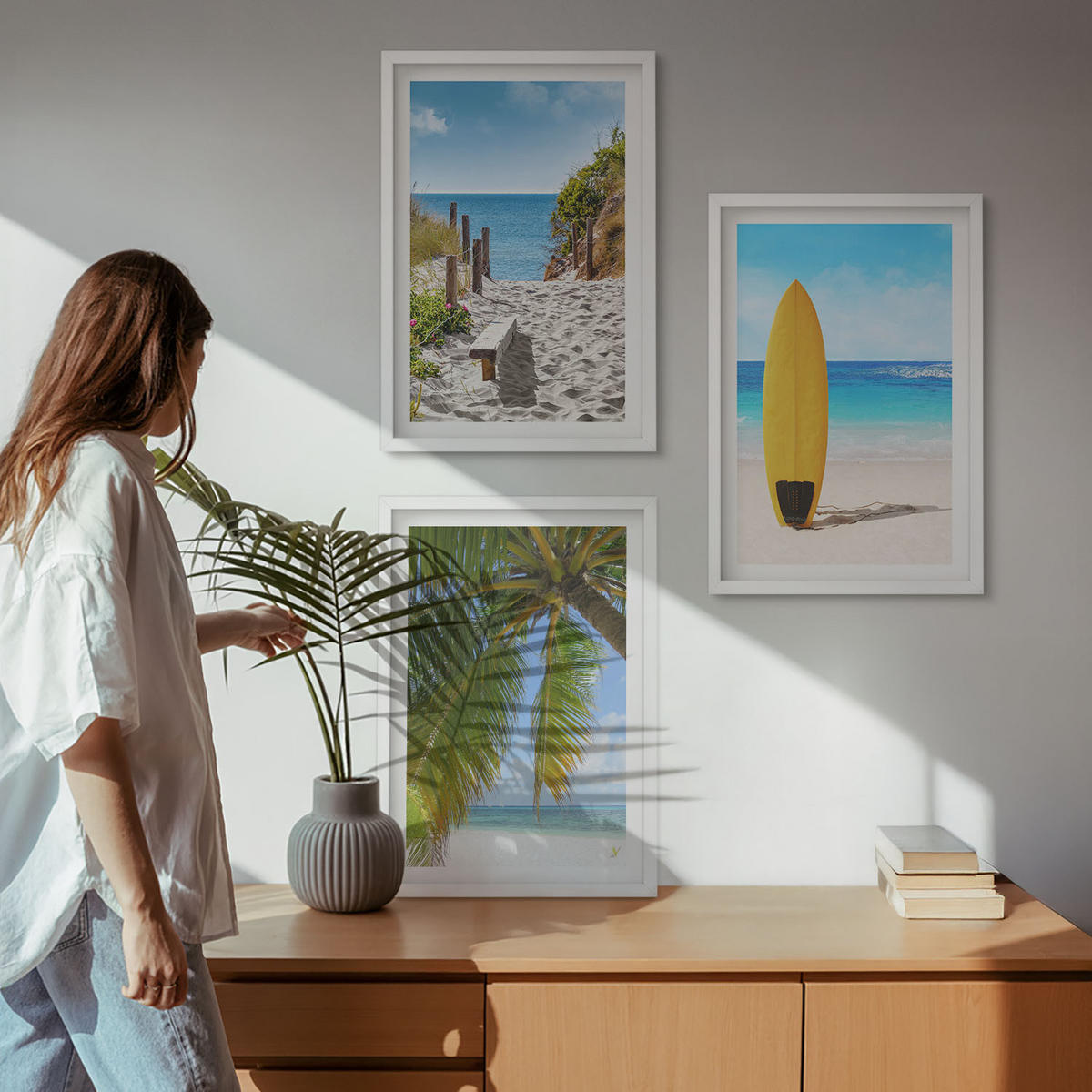WANDBILDER 3er-Set - 40x60 cm Weißer Rahmen - Urlaubsstrände, Wellen, Palmen - Weiß, Kunststoff (40/60cm) - ArtPrintCave