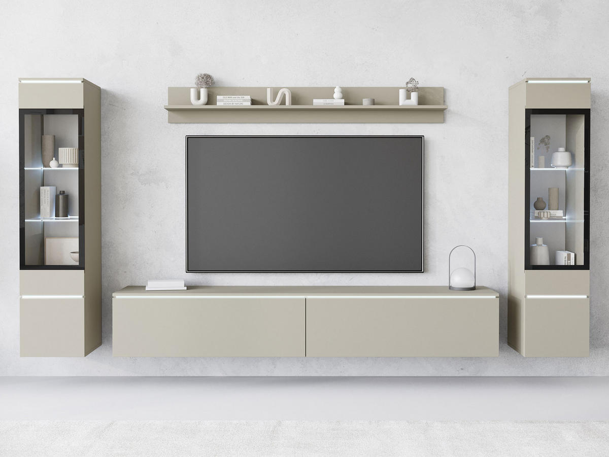 WOHNWAND Vera II mit weißer LED Beleuchtung - Greige, Holzwerkstoff (30/130/33cm) - MIRJAN24