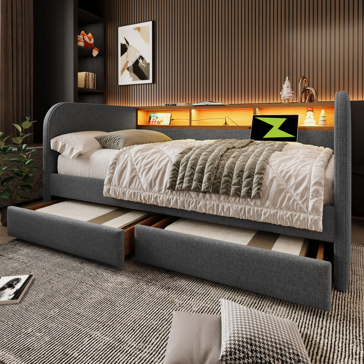 TAGESBETT 140x190cm Schlafsofa mit LED & USB-C 2 Schubladen Grau - Grau, Holz (140/190cm) - FLIEKS