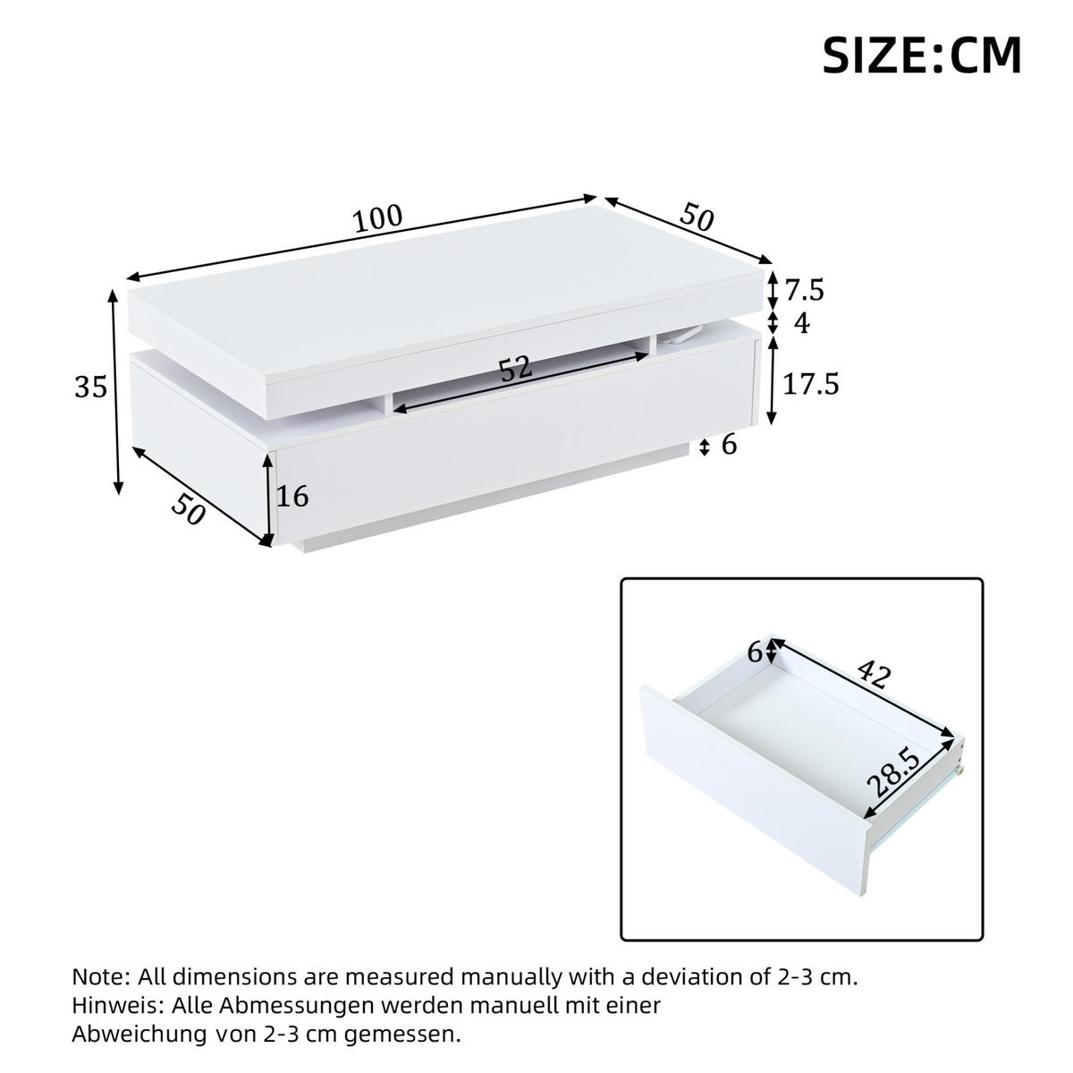 COUCHTISCH 100/50/35 cm mit 2 Schubladen, LED-Beleuchtung und Hochglanz-Oberfläche, Weiß - Weiß, Holzwerkstoff (100/50/35cm) - Redom