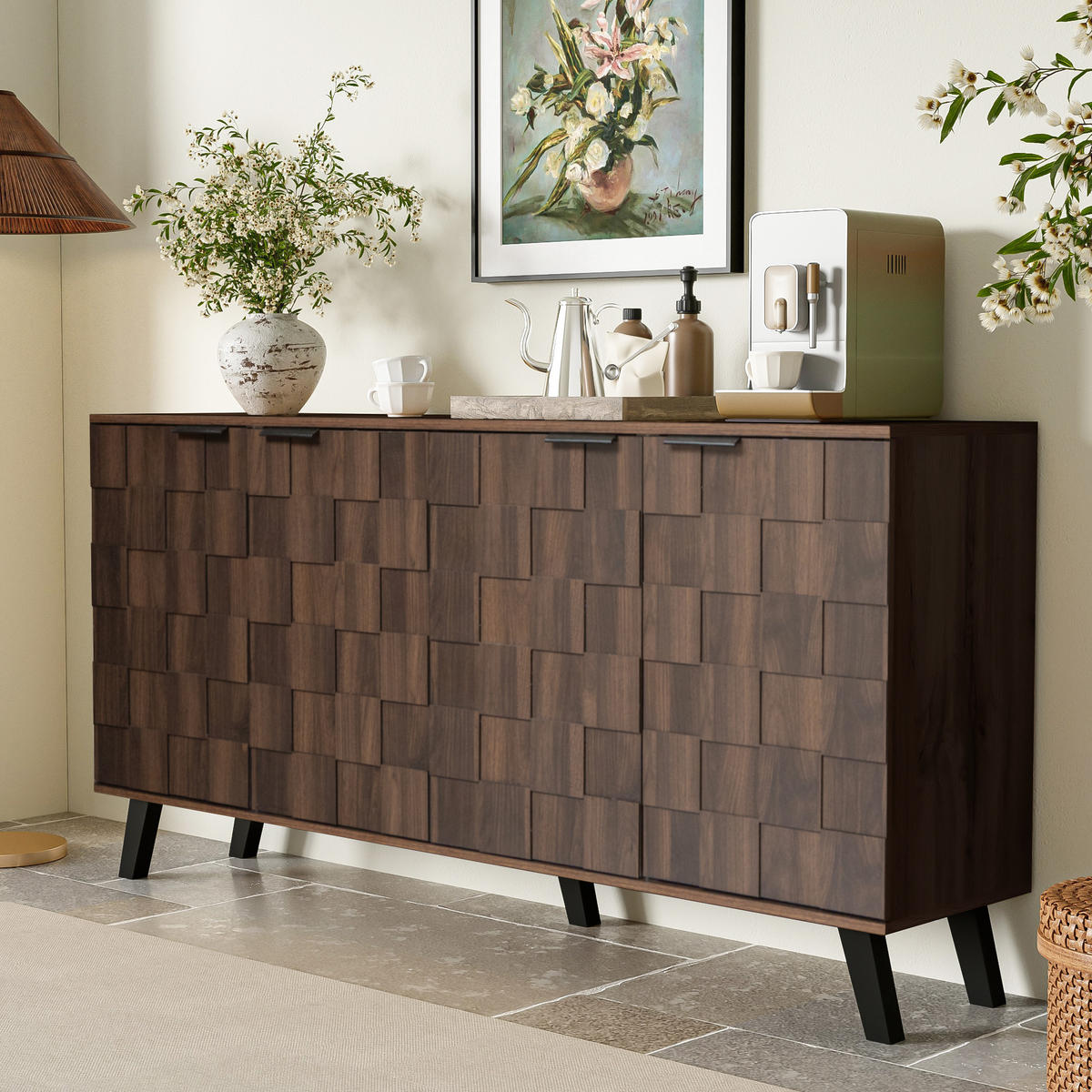 SIDEBOARD 160cm 4 Türen dunkle Holzmaserung modern - Walnussfarben, Holzwerkstoff (35.5/78/160.5cm) - FLIEKS