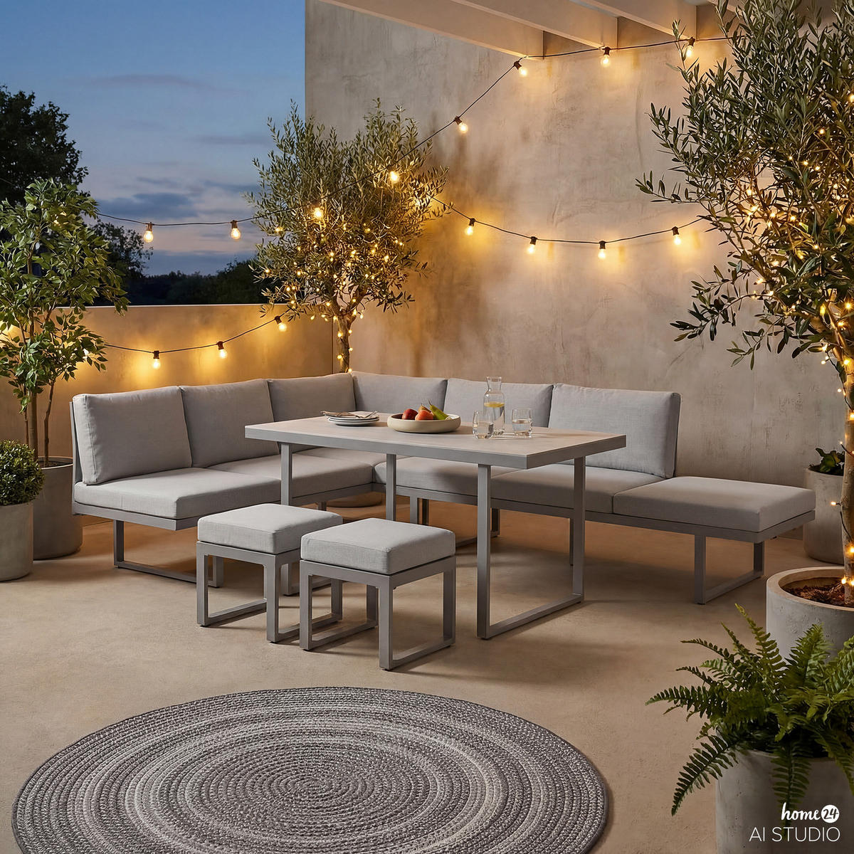 DINING-LOUNGESET - Aluminium / Polyester - Hellgrau - 5-teilig - Hellgrau, Glas/Textil - home24